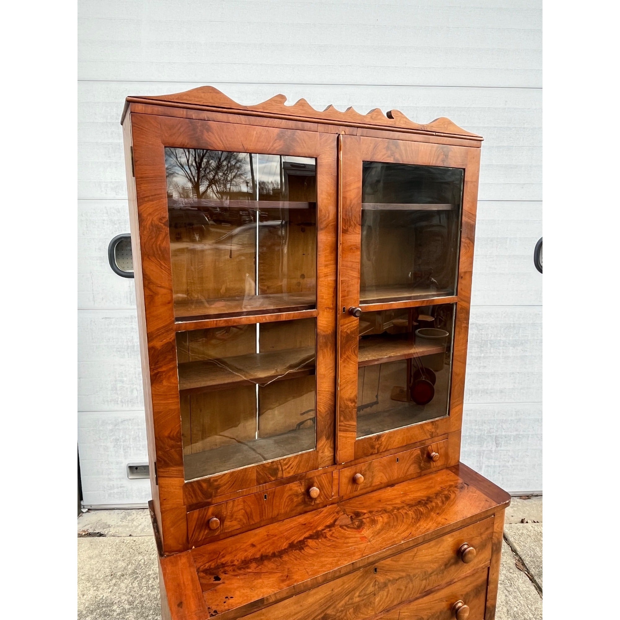 Antique Mahogany or Burl Oak Book Case Secretary 2-Piece Cabinet Drawers