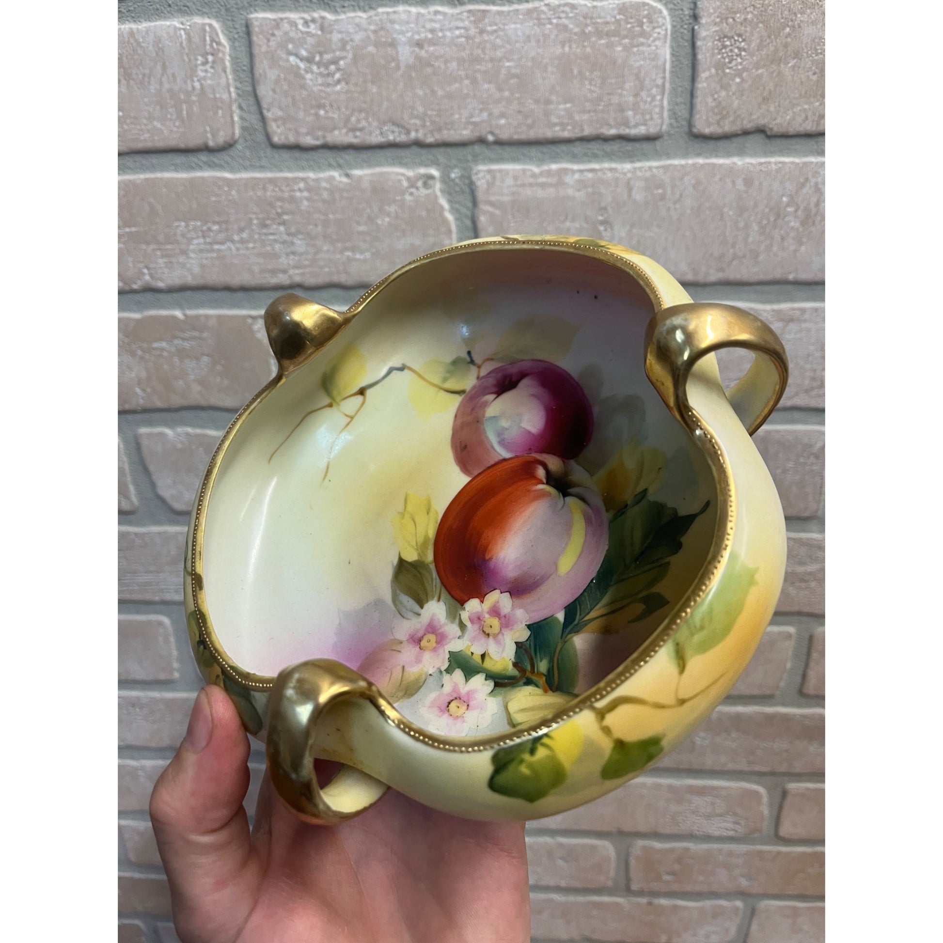 Vintage Nippon Hand Painted Bowl Apples & Floral Three Handle Dish 7"