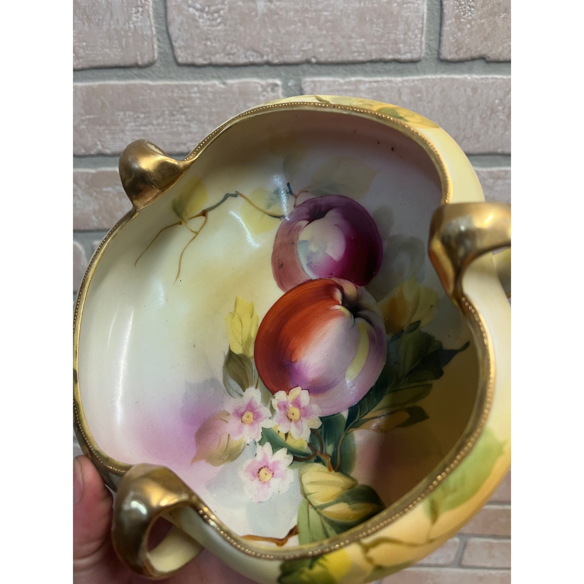 Vintage Nippon Hand Painted Bowl Apples & Floral Three Handle Dish 7"