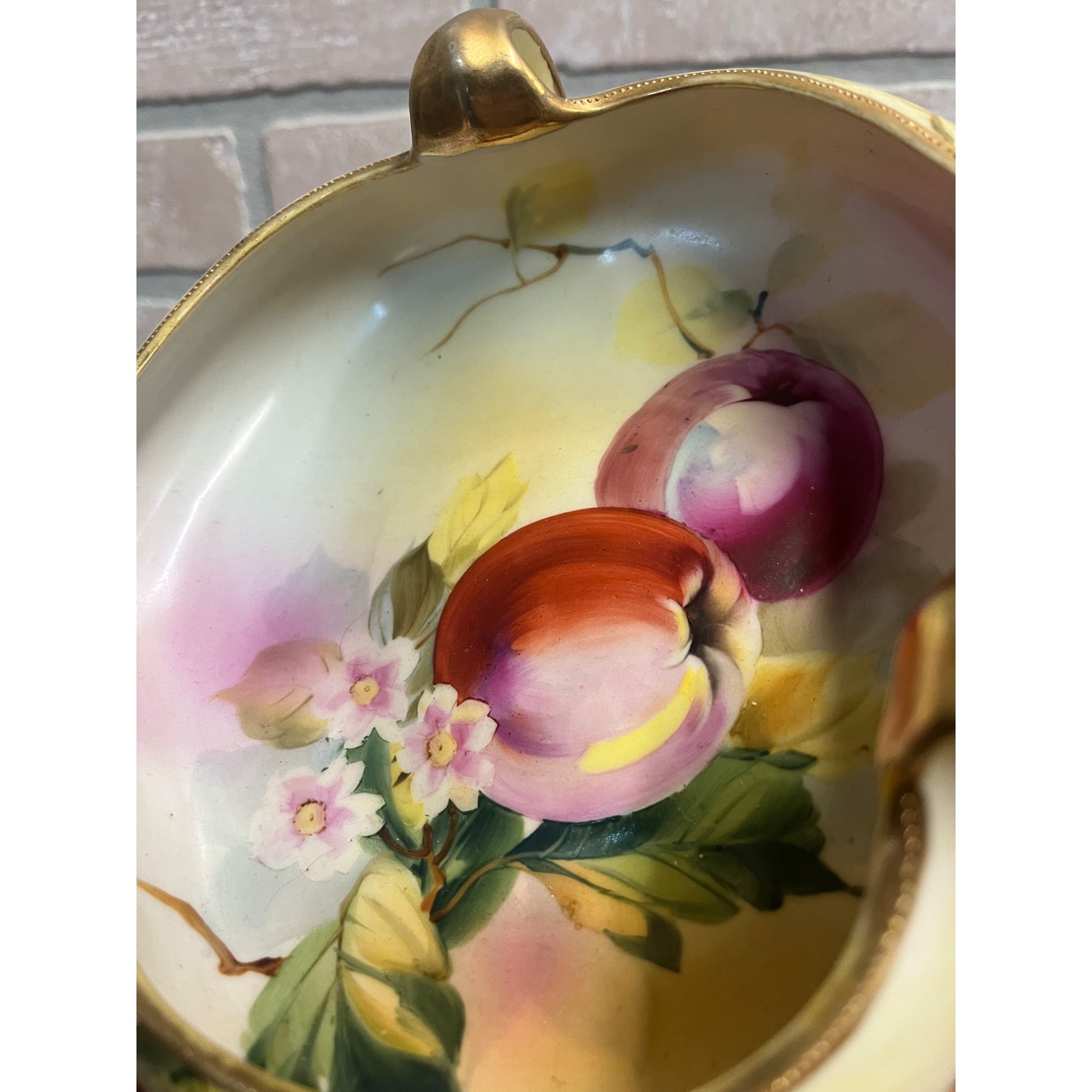 Vintage Nippon Hand Painted Bowl Apples & Floral Three Handle Dish 7"