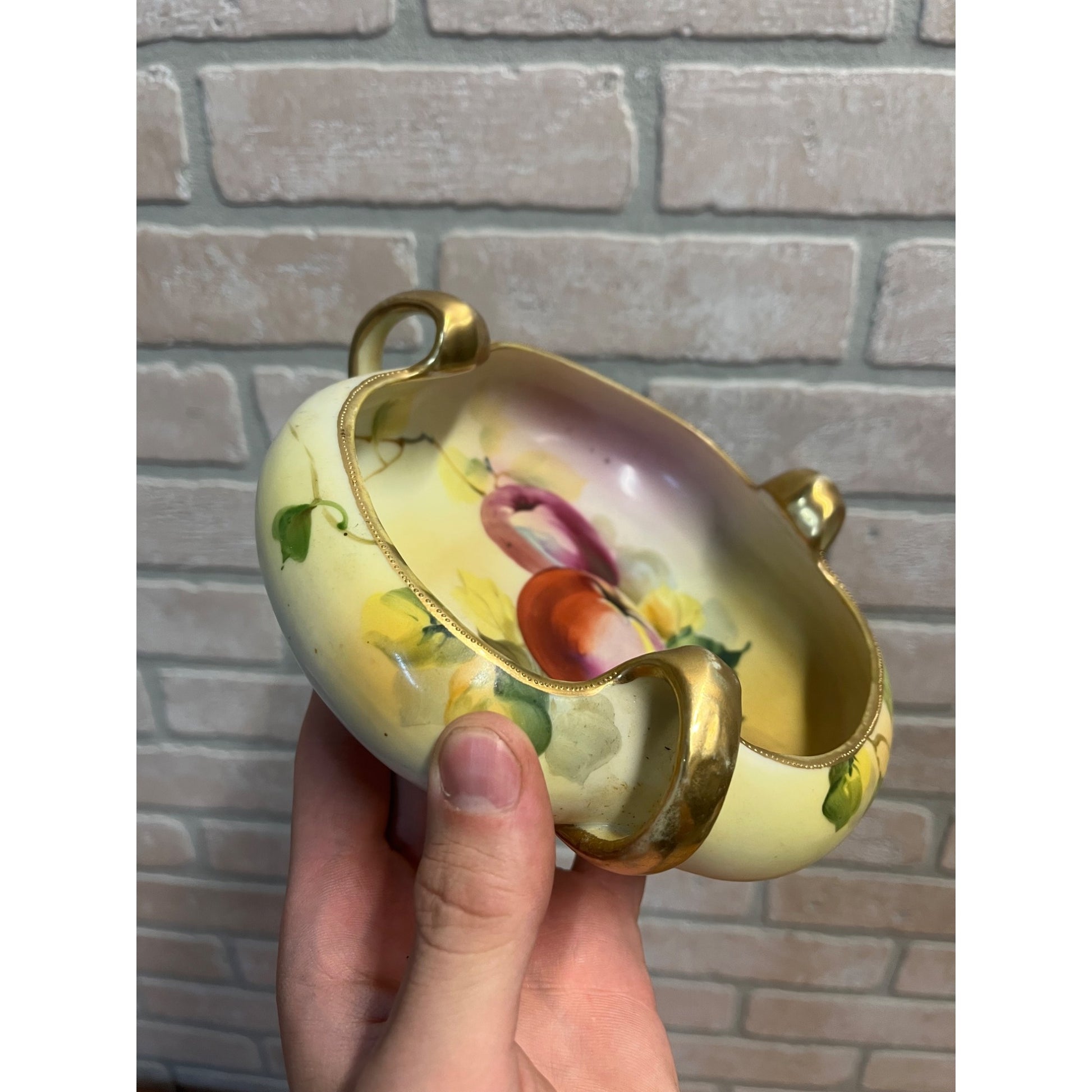 Vintage Nippon Hand Painted Bowl Apples & Floral Three Handle Dish 7"