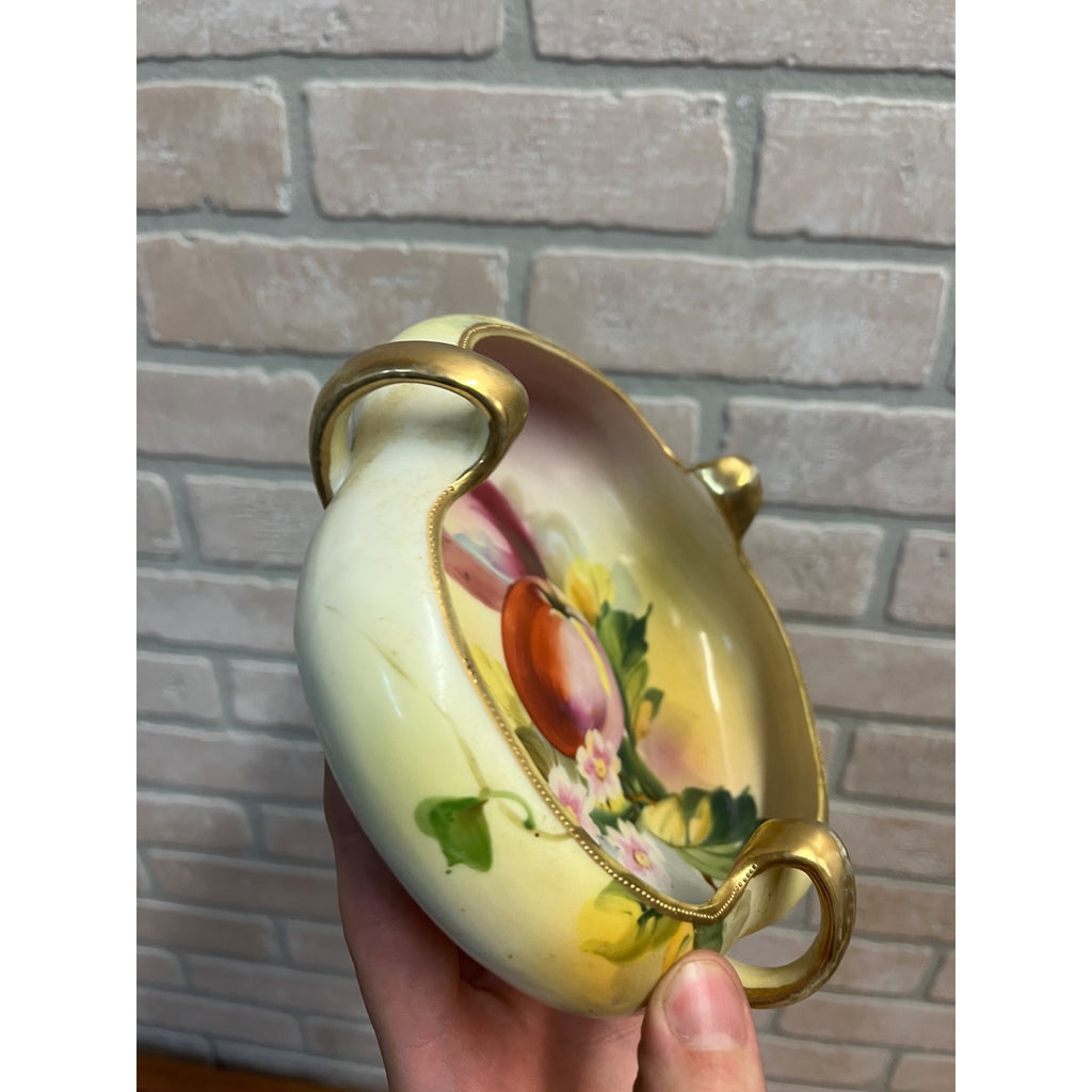Vintage Nippon Hand Painted Bowl Apples & Floral Three Handle Dish 7"