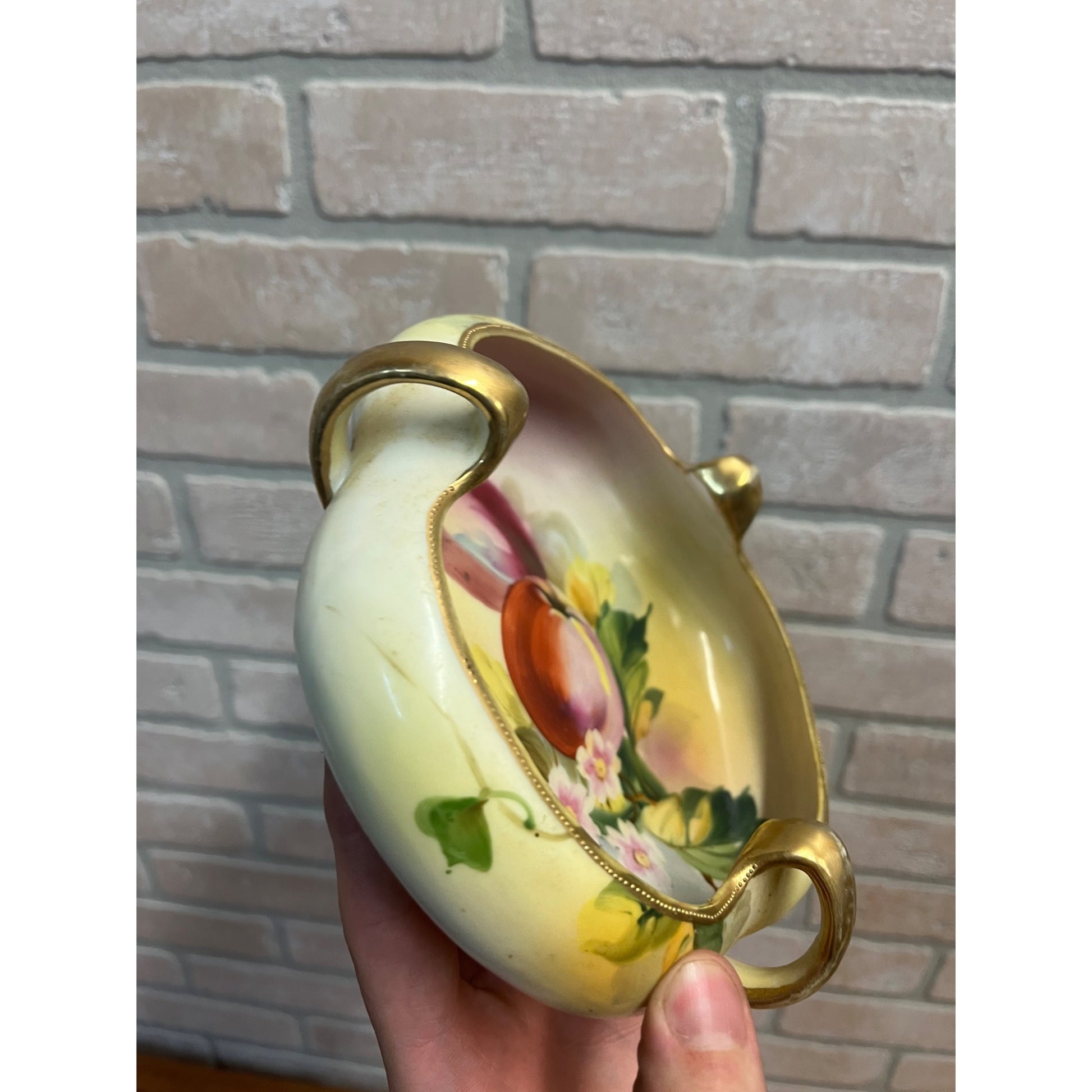 Vintage Nippon Hand Painted Bowl Apples & Floral Three Handle Dish 7"