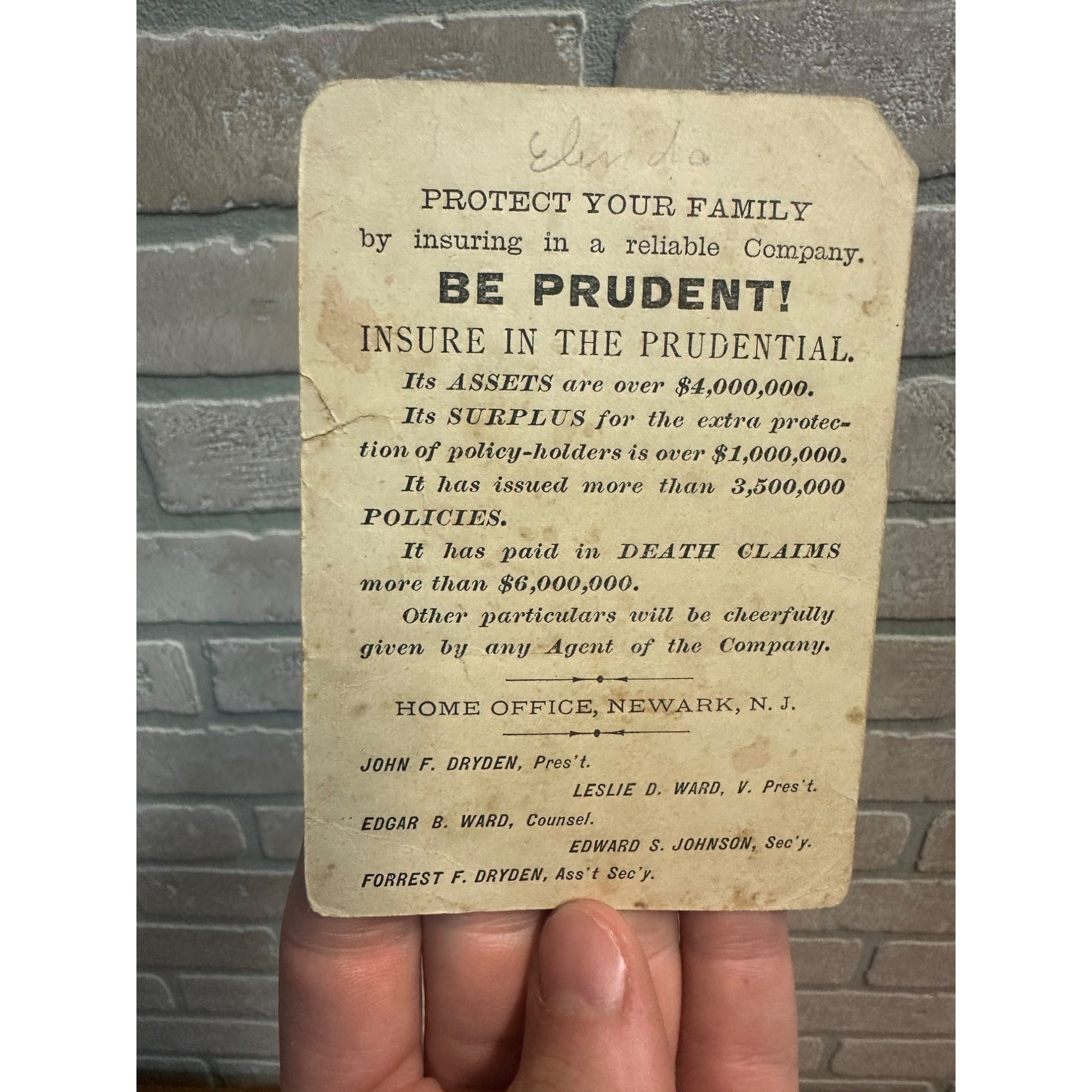 Antique Victorian Prudential Insurance Newark NJ Trade Card Advertising Children