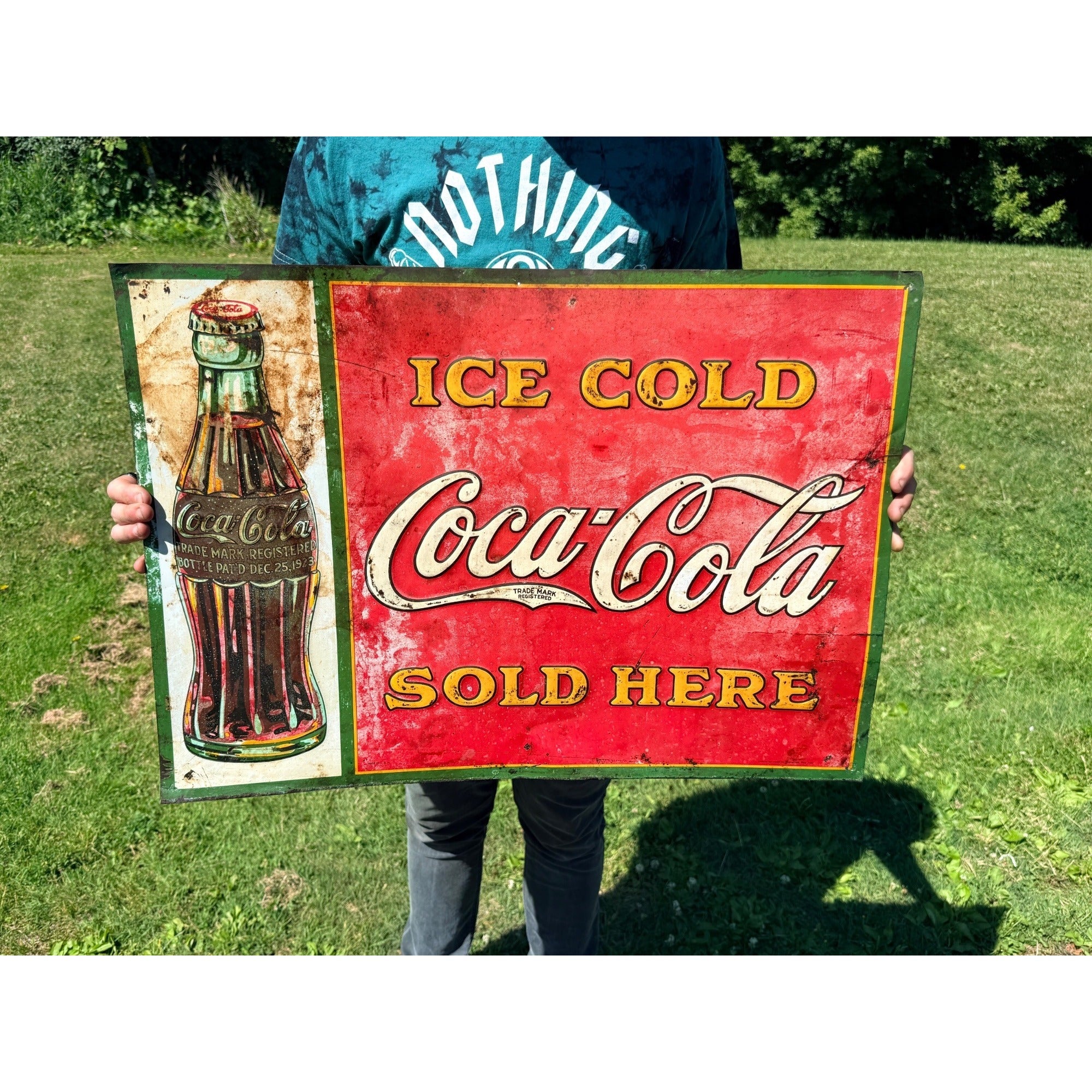 Vintage 1930s Coca-Cola Ice Cold Sold Here Tin Advertising Sign Bottle 28x20