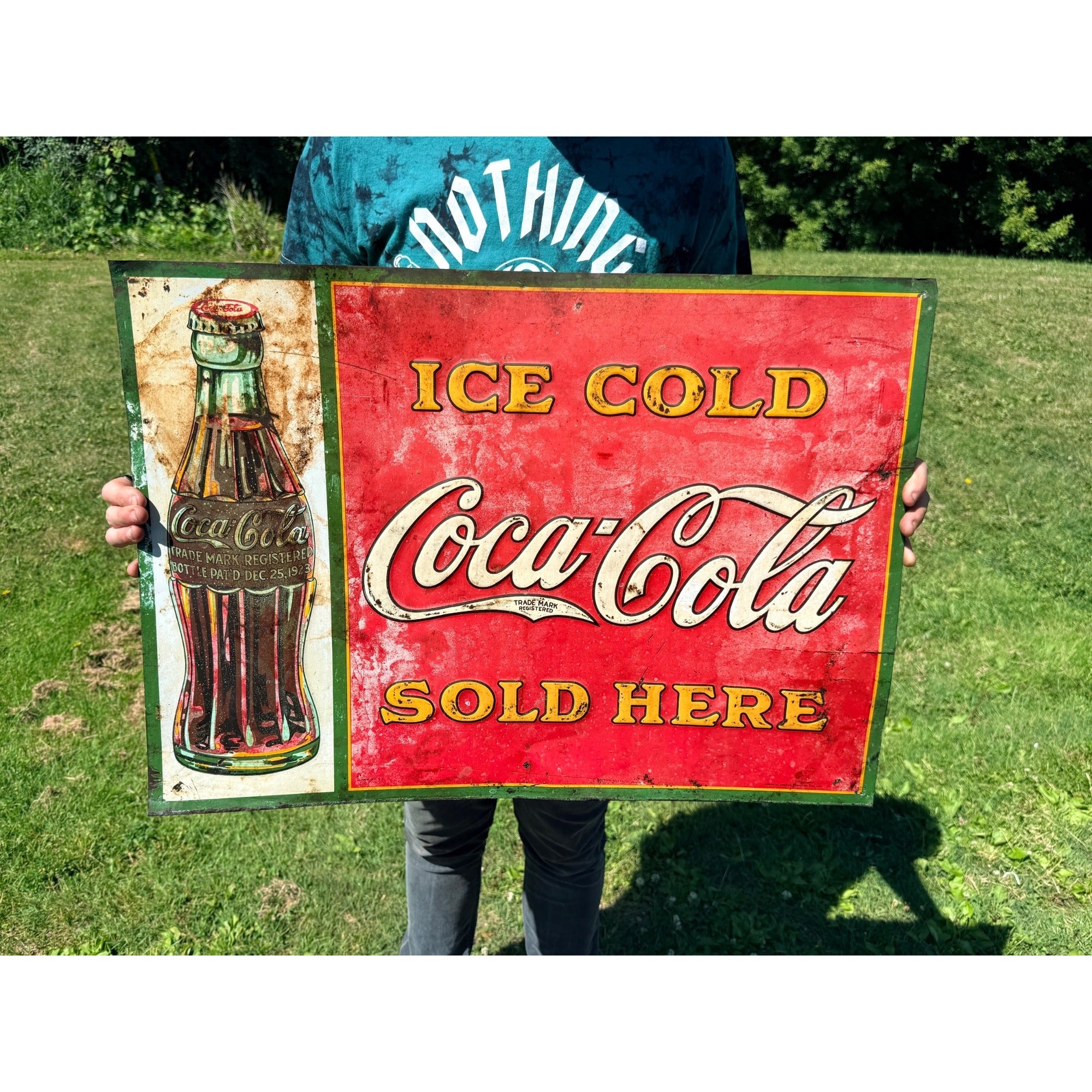 Vintage 1930s Coca-Cola Ice Cold Sold Here Tin Advertising Sign Bottle 28x20