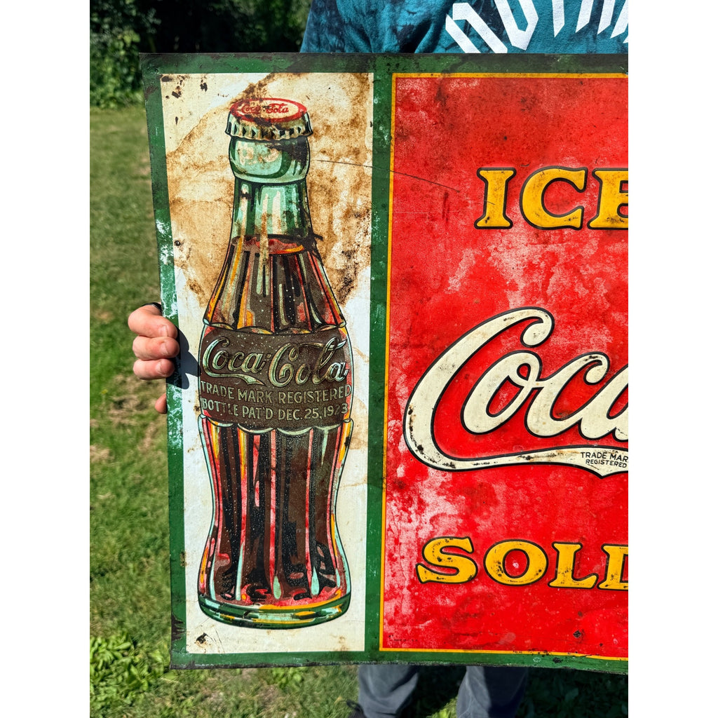 Vintage 1930s Coca-Cola Ice Cold Sold Here Tin Advertising Sign Bottle 28x20
