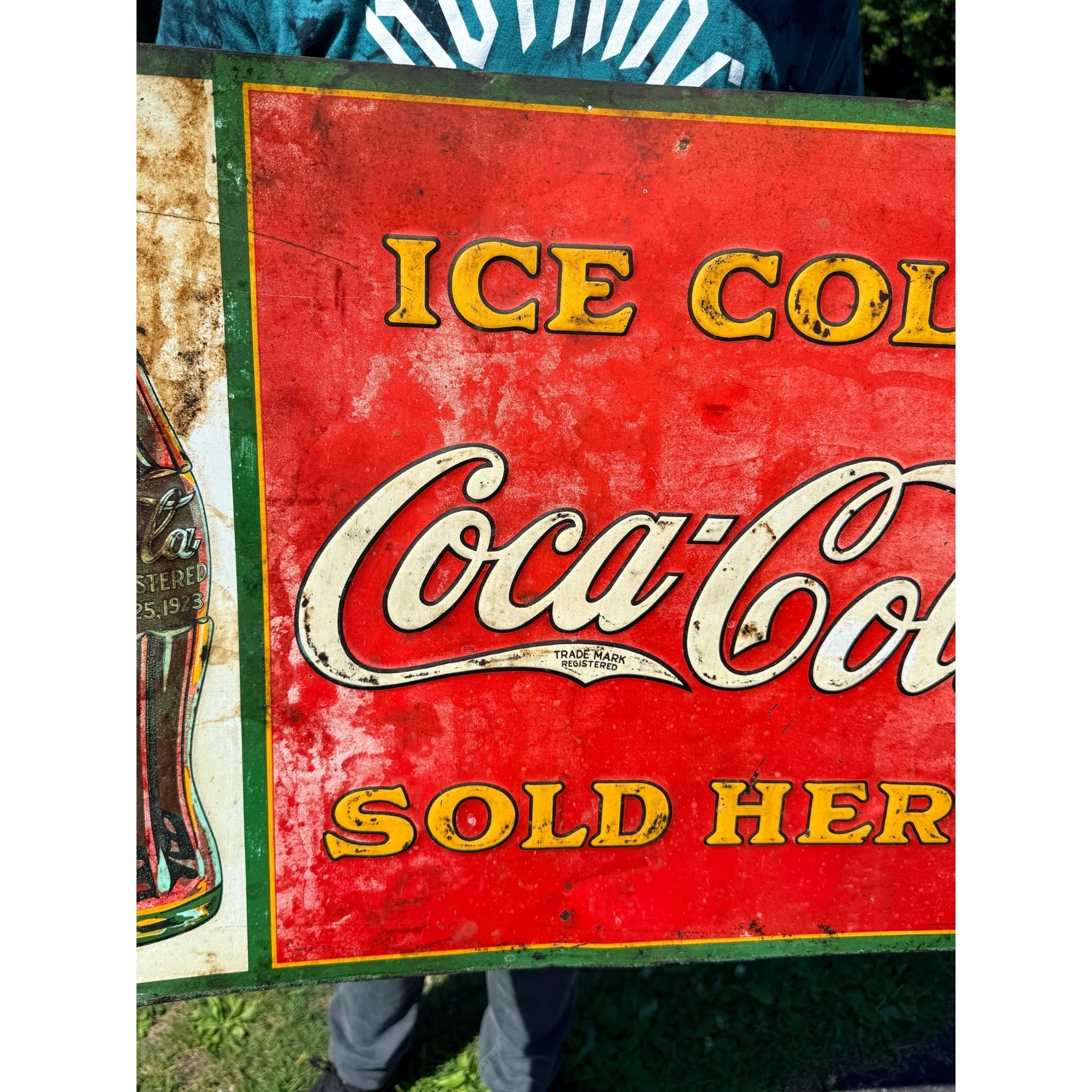 Vintage 1930s Coca-Cola Ice Cold Sold Here Tin Advertising Sign Bottle 28x20