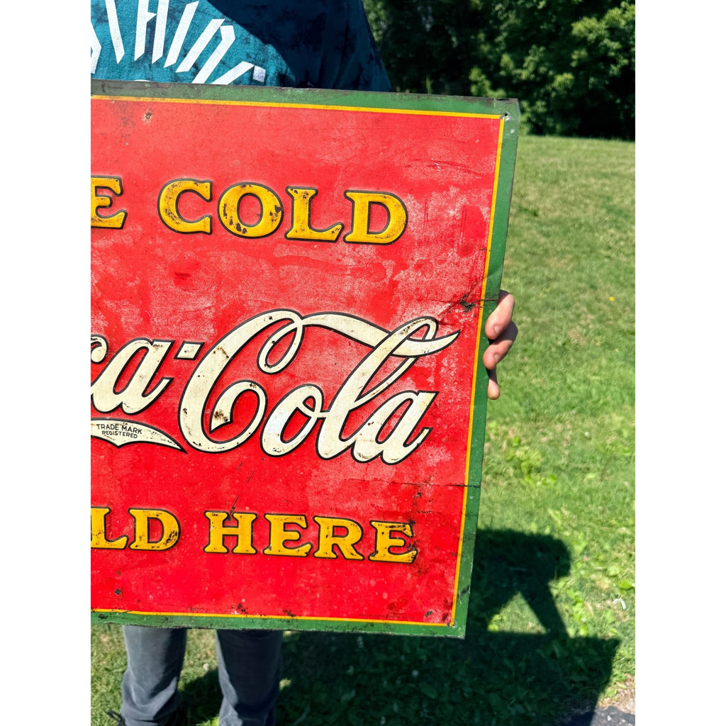 Vintage 1930s Coca-Cola Ice Cold Sold Here Tin Advertising Sign Bottle 28x20