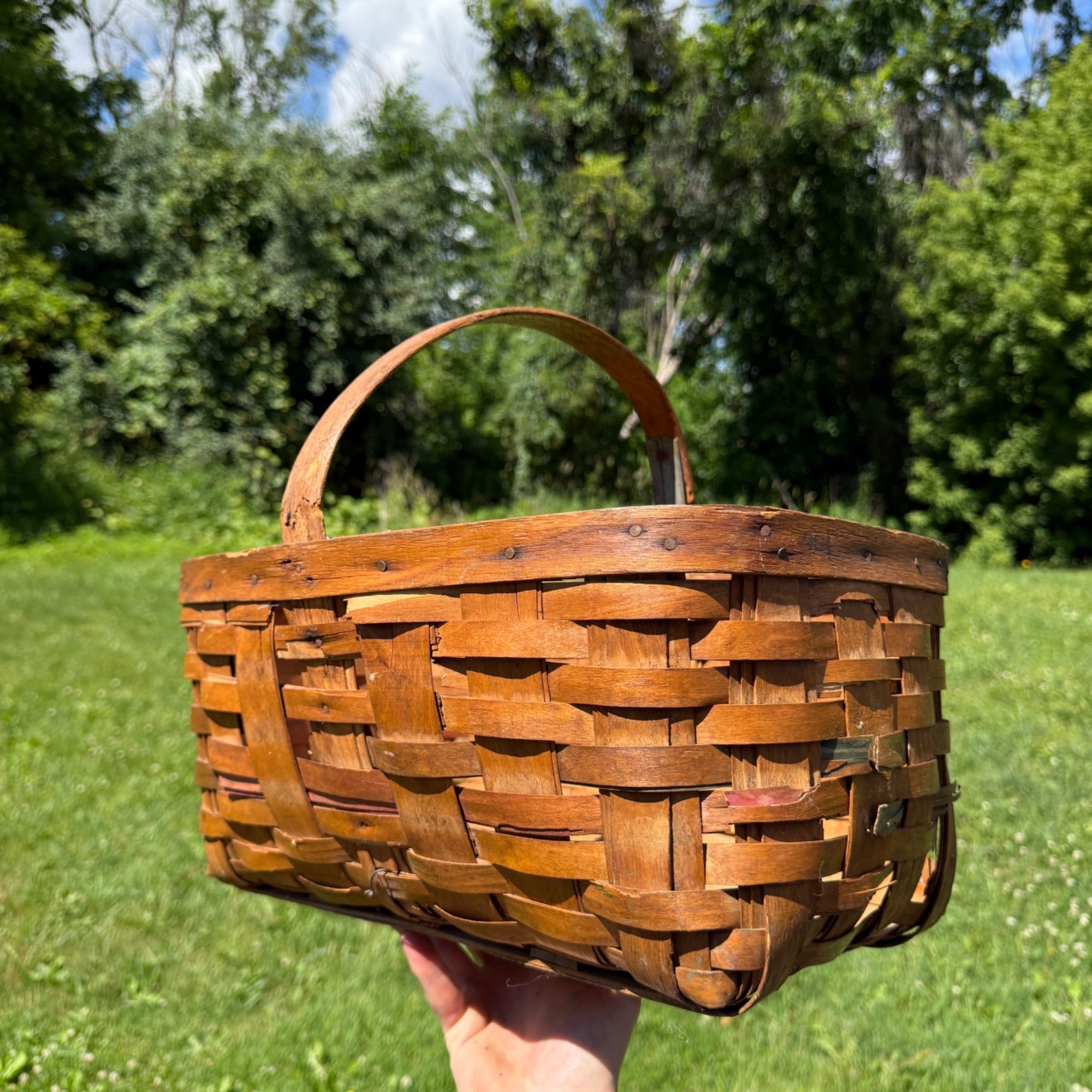Vintage Woven Wood Market Basket With Single Handle Rustic Farmhouse Decor 1910s