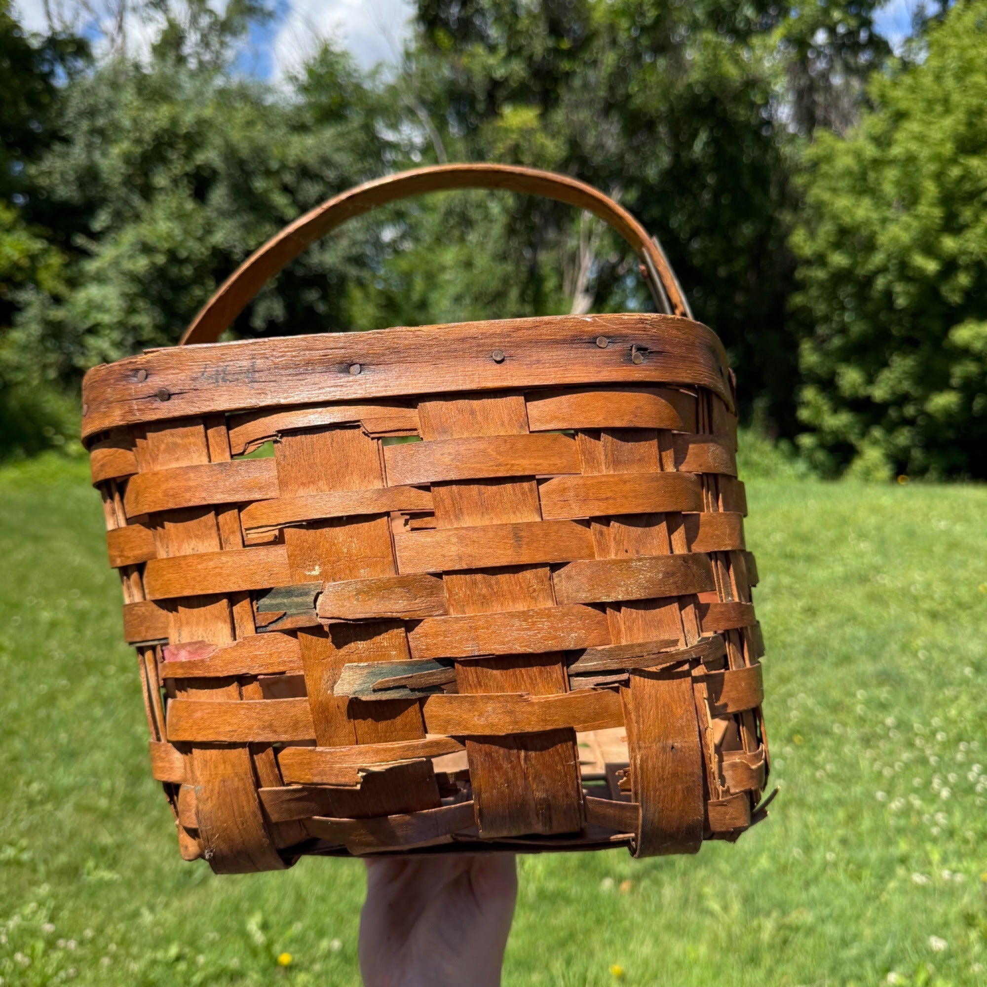 Vintage Woven Wood Market Basket With Single Handle Rustic Farmhouse Decor 1910s