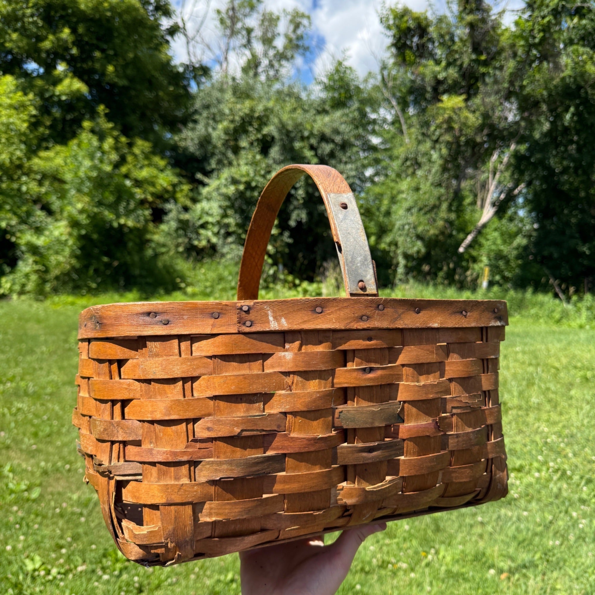 Vintage Woven Wood Market Basket With Single Handle Rustic Farmhouse Decor 1910s