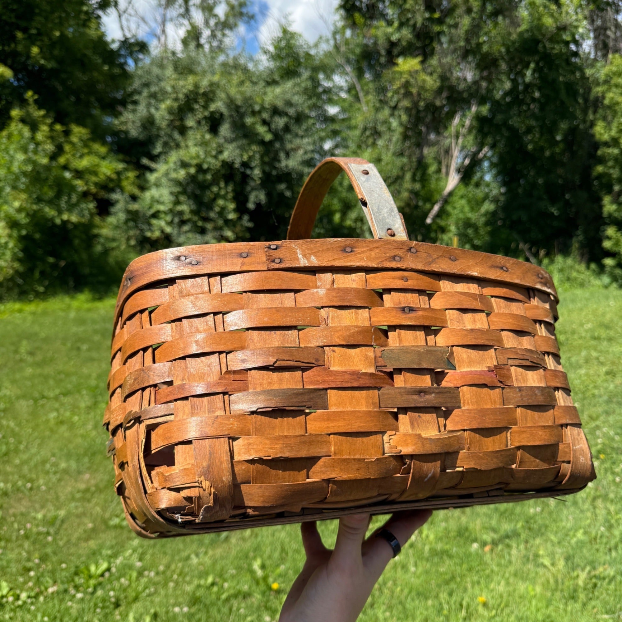 Vintage Woven Wood Market Basket With Single Handle Rustic Farmhouse Decor 1910s