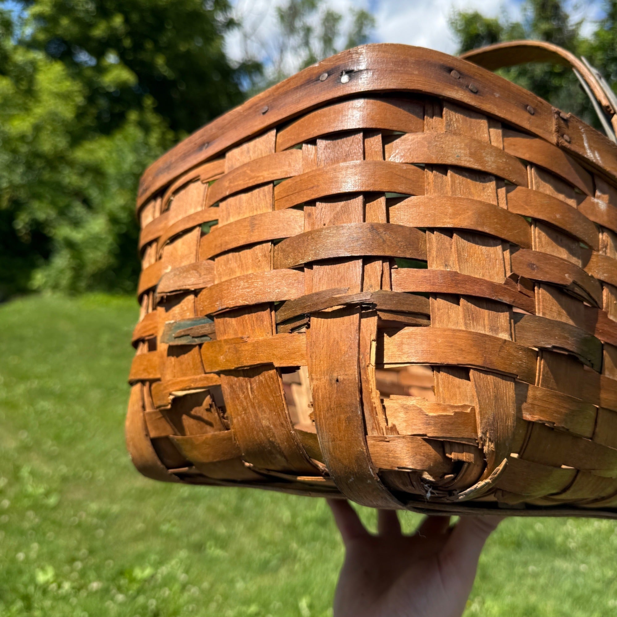 Vintage Woven Wood Market Basket With Single Handle Rustic Farmhouse Decor 1910s