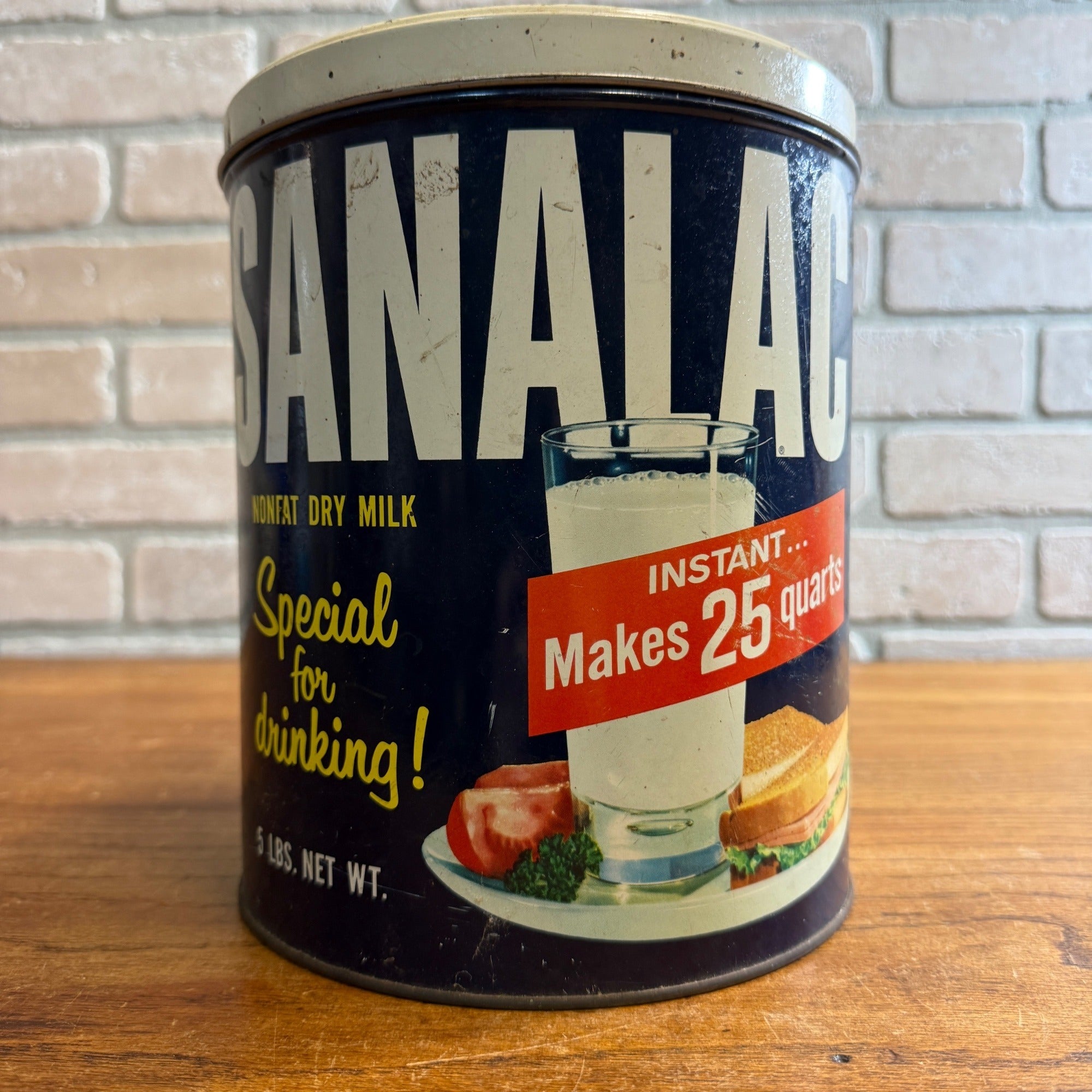 Vintage Sanalac Nonfat Dry Milk 5 lb Metal Tin Can Empty Advertising  Madison WI