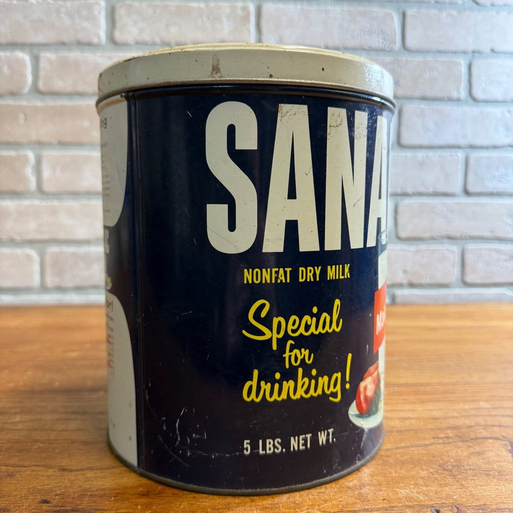 Vintage Sanalac Nonfat Dry Milk 5 lb Metal Tin Can Empty Advertising  Madison WI