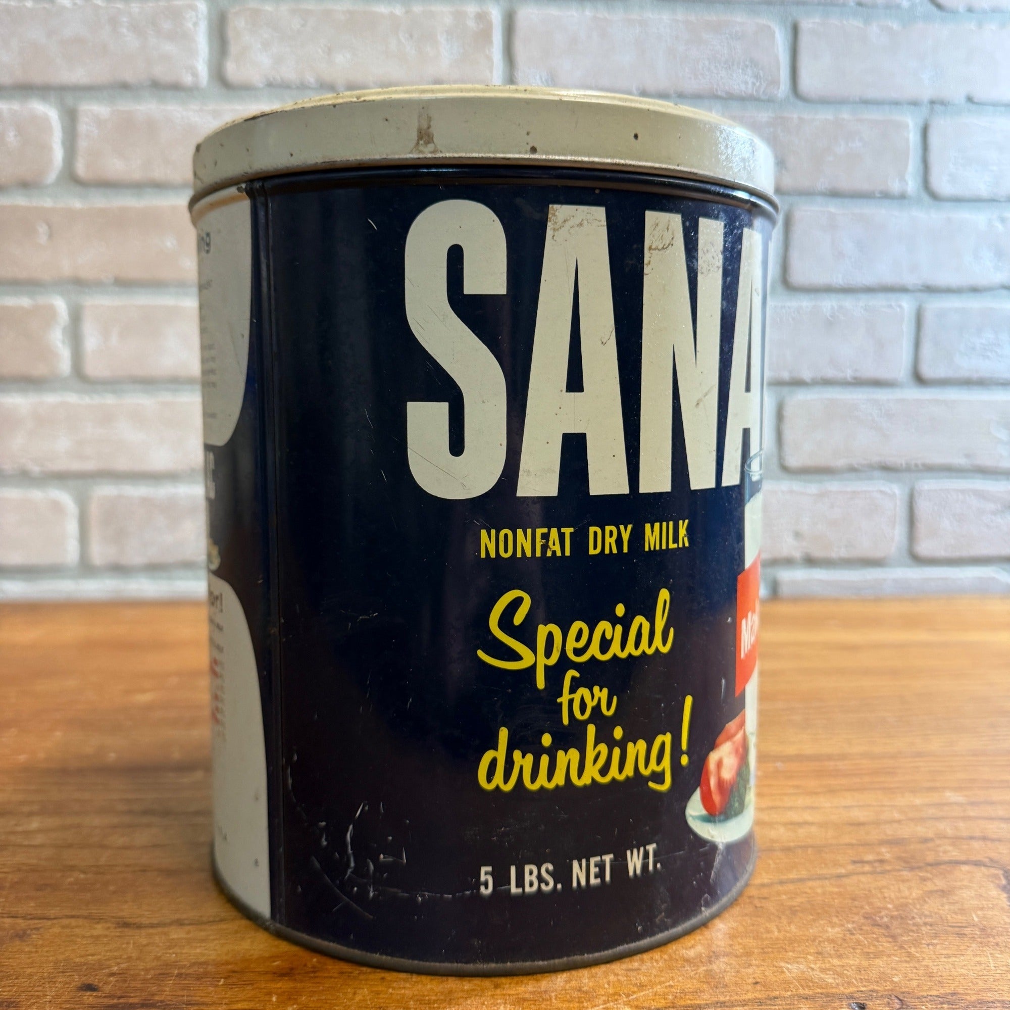 Vintage Sanalac Nonfat Dry Milk 5 lb Metal Tin Can Empty Advertising  Madison WI