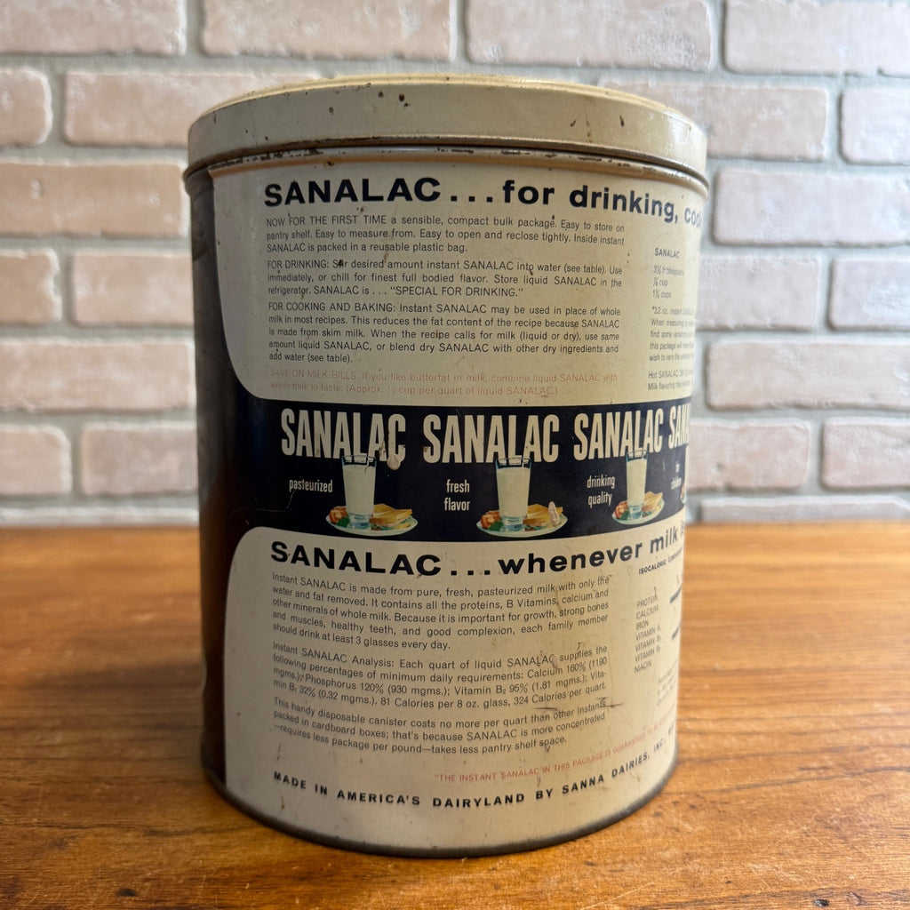 Vintage Sanalac Nonfat Dry Milk 5 lb Metal Tin Can Empty Advertising  Madison WI