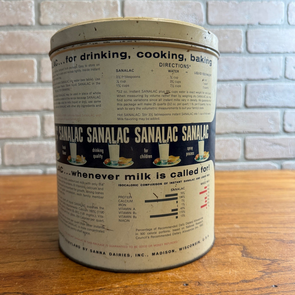 Vintage Sanalac Nonfat Dry Milk 5 lb Metal Tin Can Empty Advertising  Madison WI
