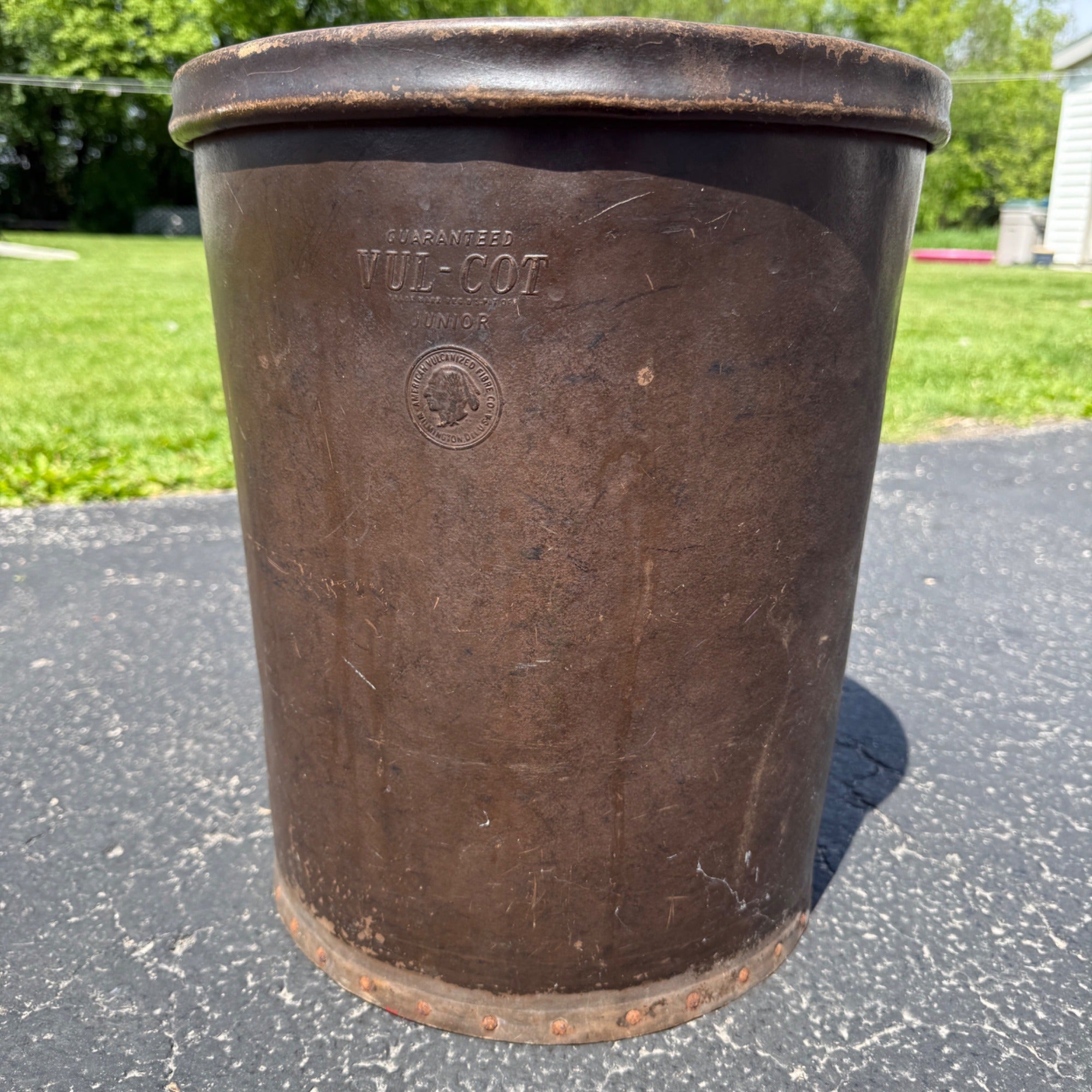 Antique Vul-Cot Waste Bin Trash Can Vulcanized Fiber Native American Graphics