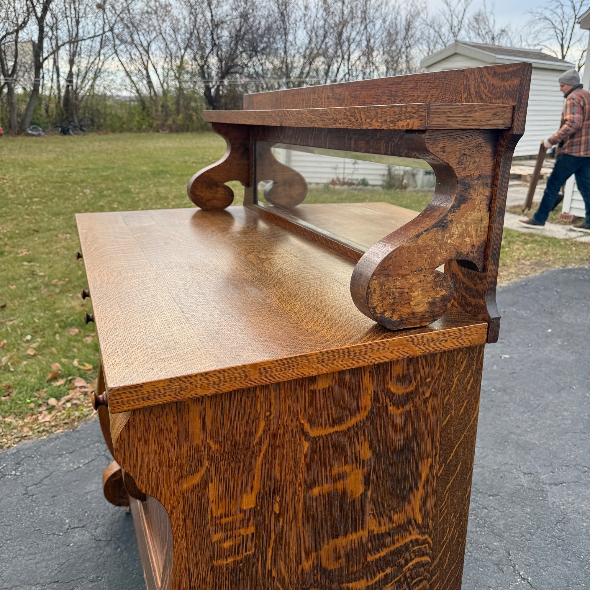 Beautiful Antique Tiger Oak Sideboard Buffet Mirrored Cabinet Empire Style