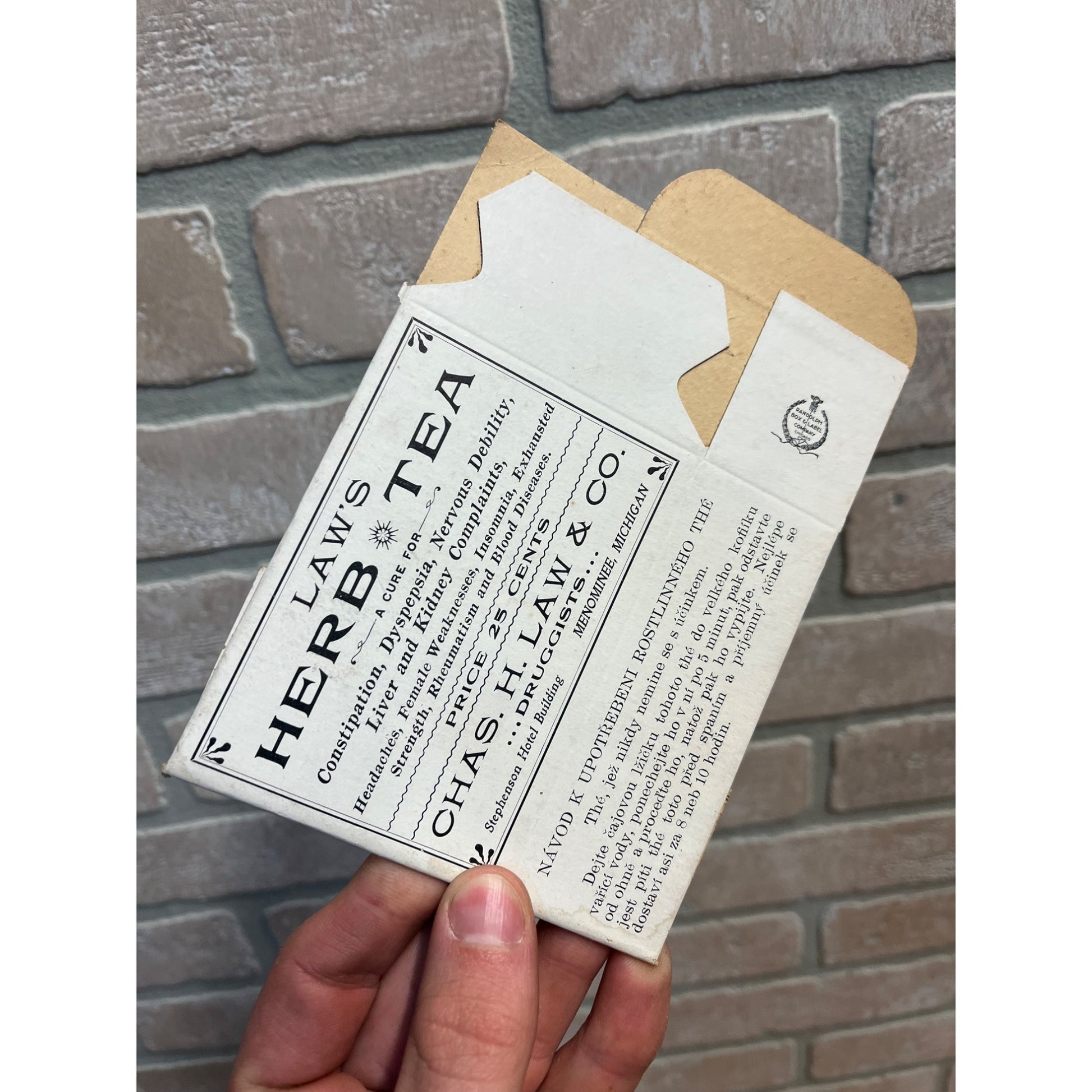 Original c1910s Charles H. Law Menominee Michigan Herb Tea Unused Box Advertising