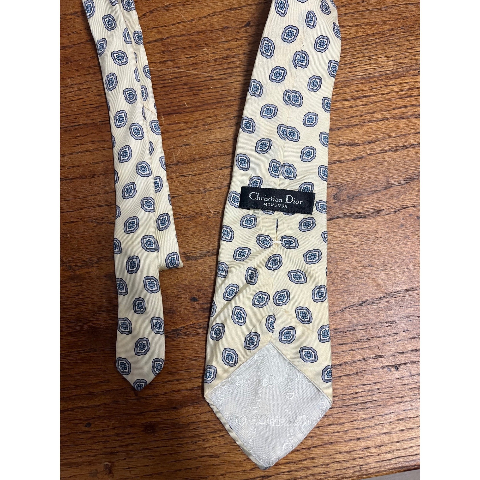 Vintage Christian Dior Men's Silk 57" Neck Tie Monsieur Pale Yellow Blue Gray