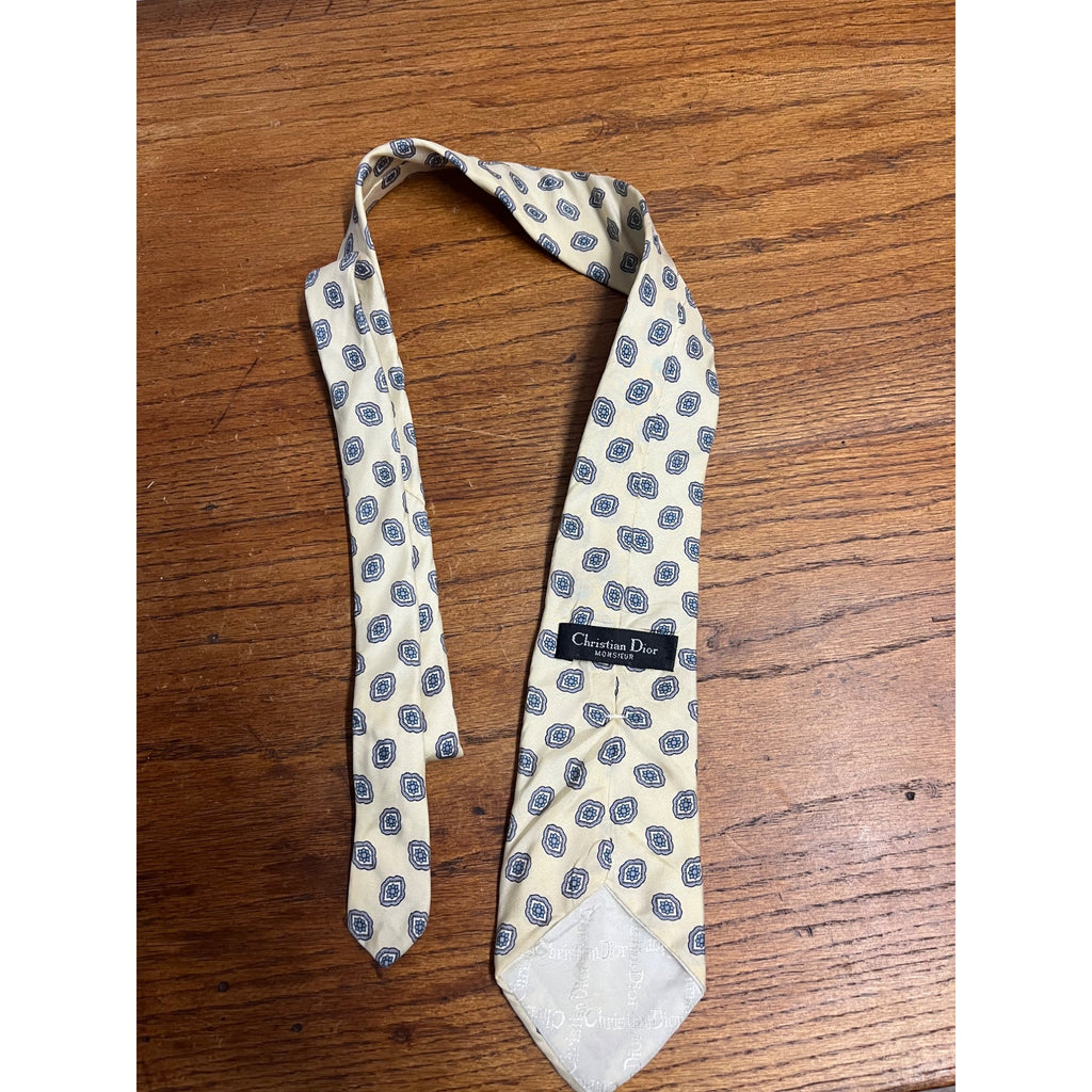 Vintage Christian Dior Men's Silk 57" Neck Tie Monsieur Pale Yellow Blue Gray