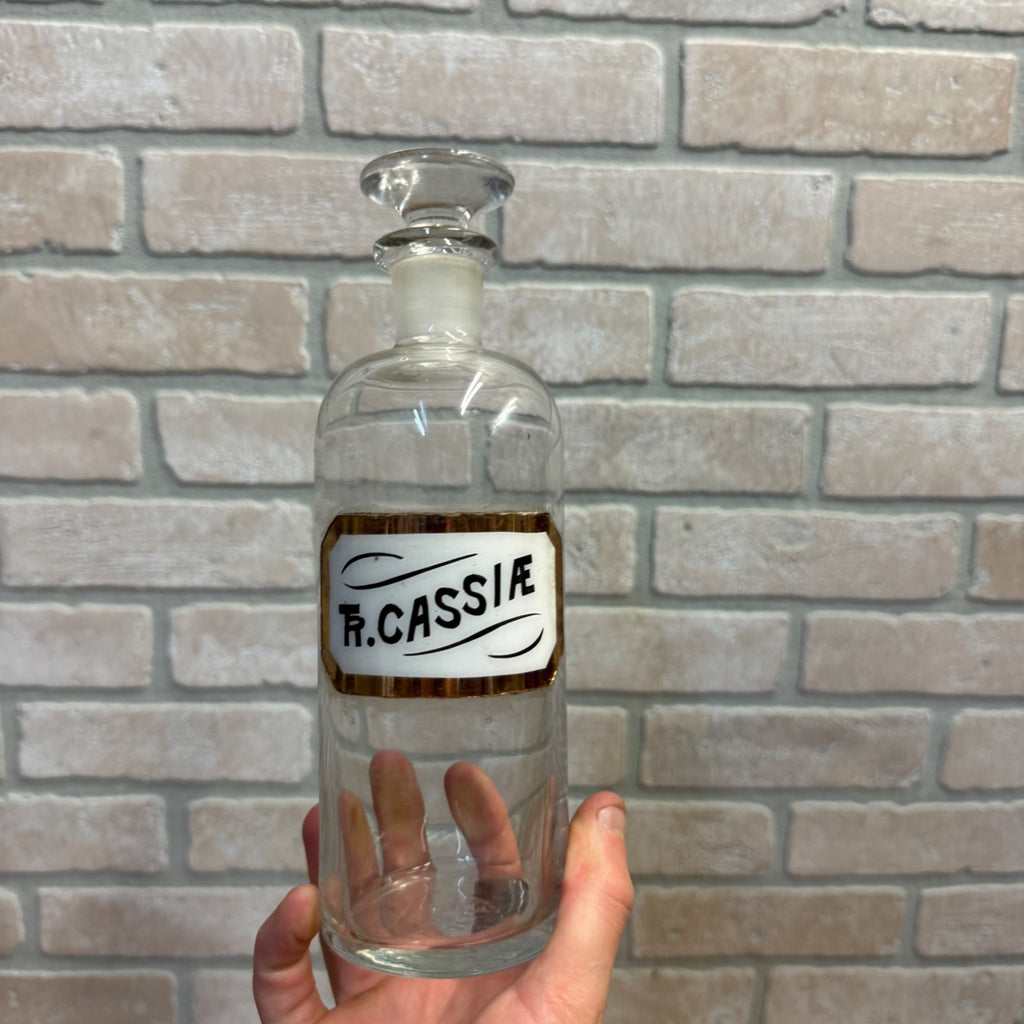 Vintage Glass Pharmacy Apothecary Bottle With Stopper and Glass Label Reading TR. Cassiae (Tincture of Cassia)