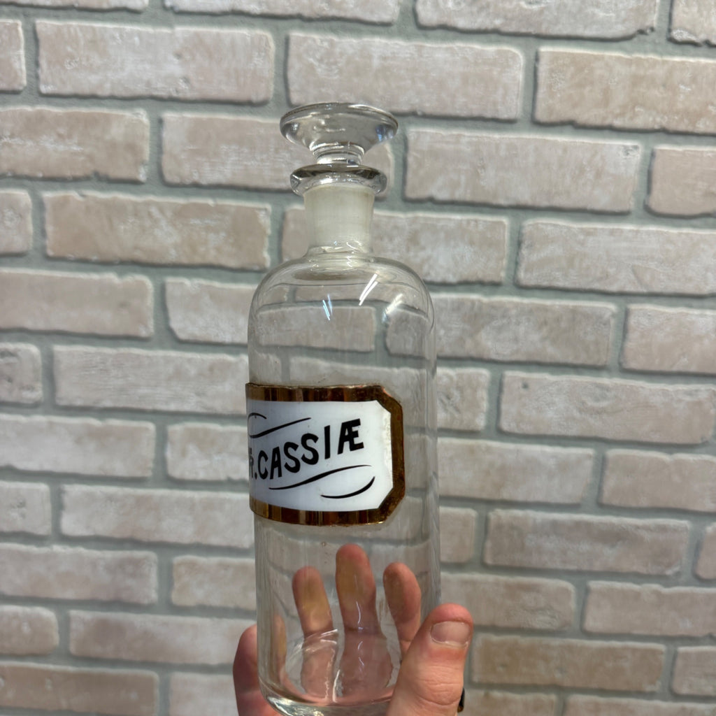 Vintage Glass Pharmacy Apothecary Bottle With Stopper and Glass Label Reading TR. Cassiae (Tincture of Cassia)