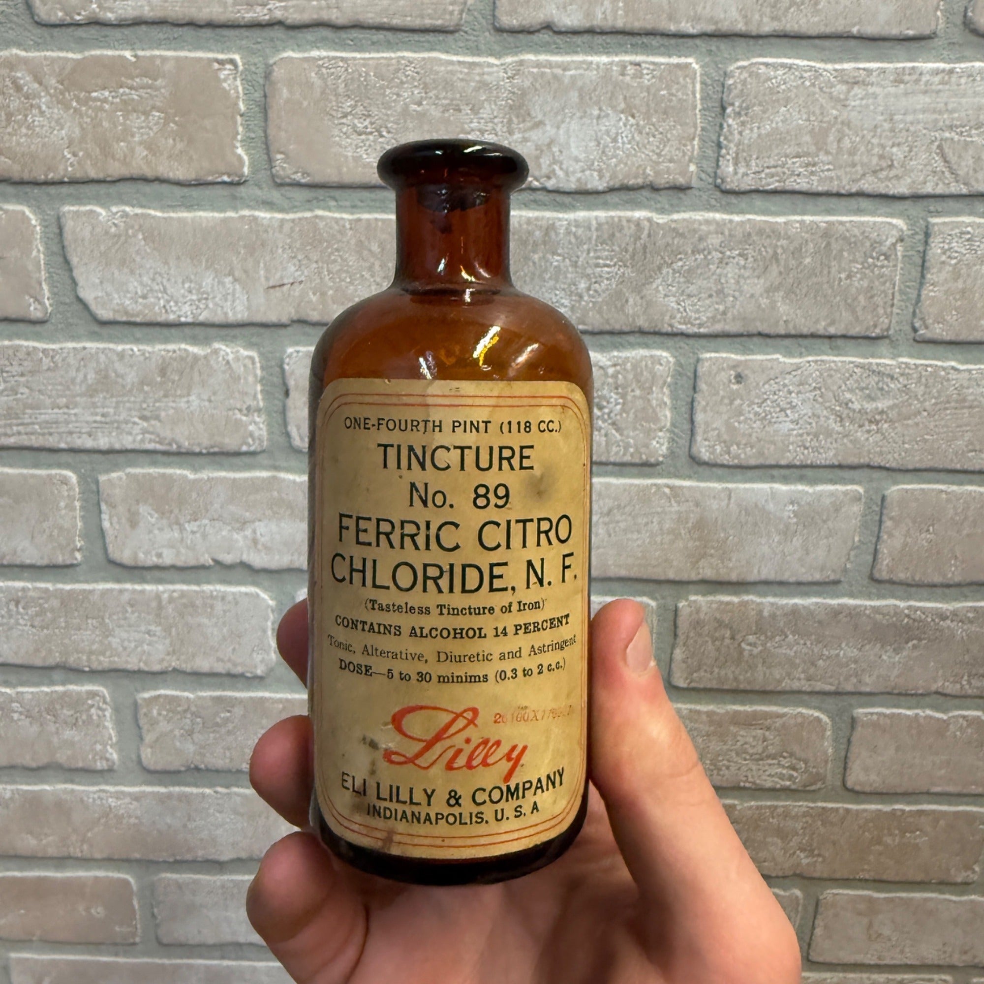 Vintage Amber Glass Bottle With Cork Stopper Tincture No. 89 Ferric Citro Chloride Apothecary Pharmacy Eli Lilly USA