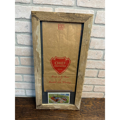 Vintage Chief Oshkosh Brewing Co. Framed Paper Bag + Factory Postcard