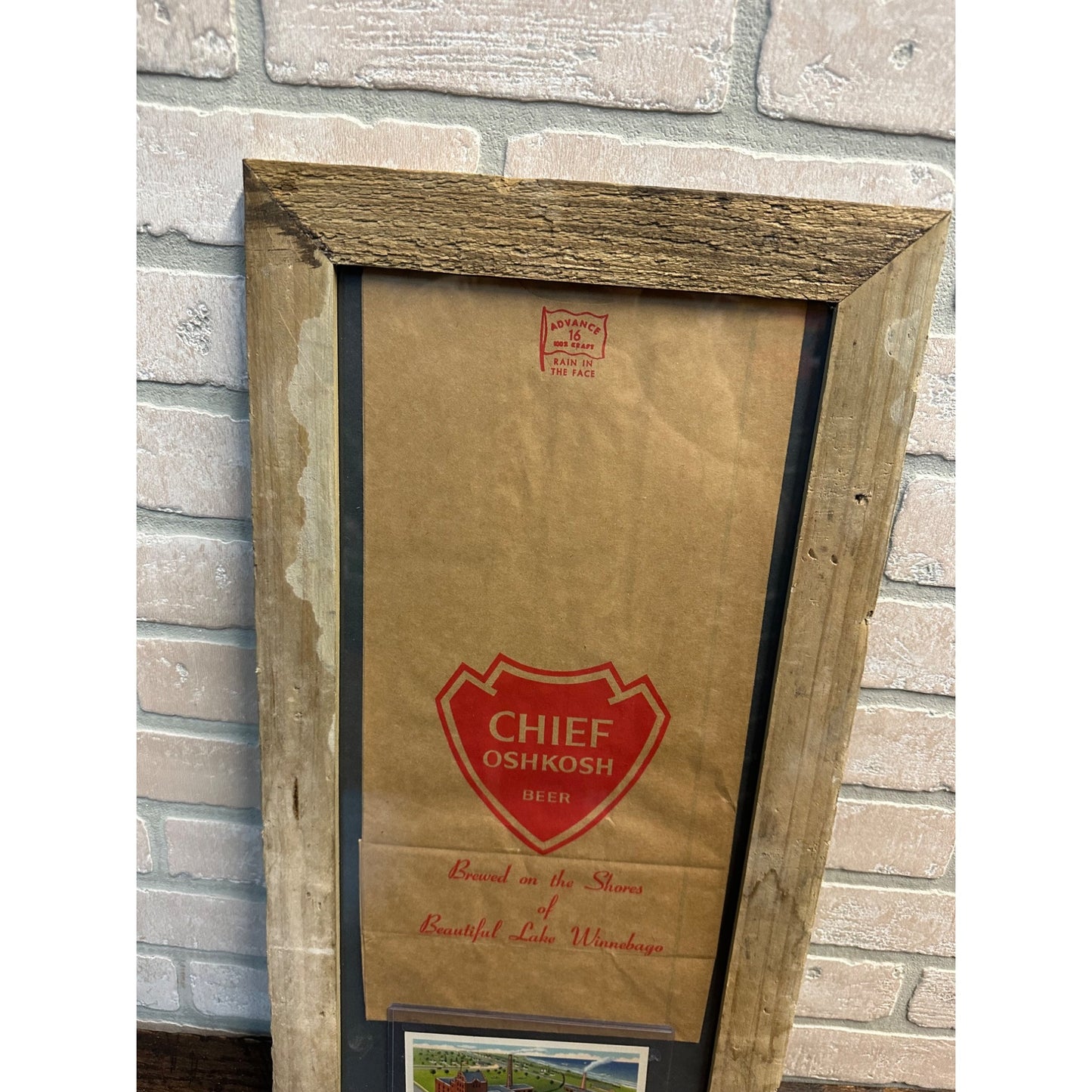 Vintage Chief Oshkosh Brewing Co. Framed Paper Bag + Factory Postcard