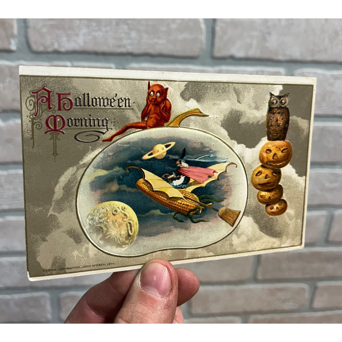 Vintage Halloween Postcard Winsch 1914 Witch on Corn Cob Devil Owl JOL