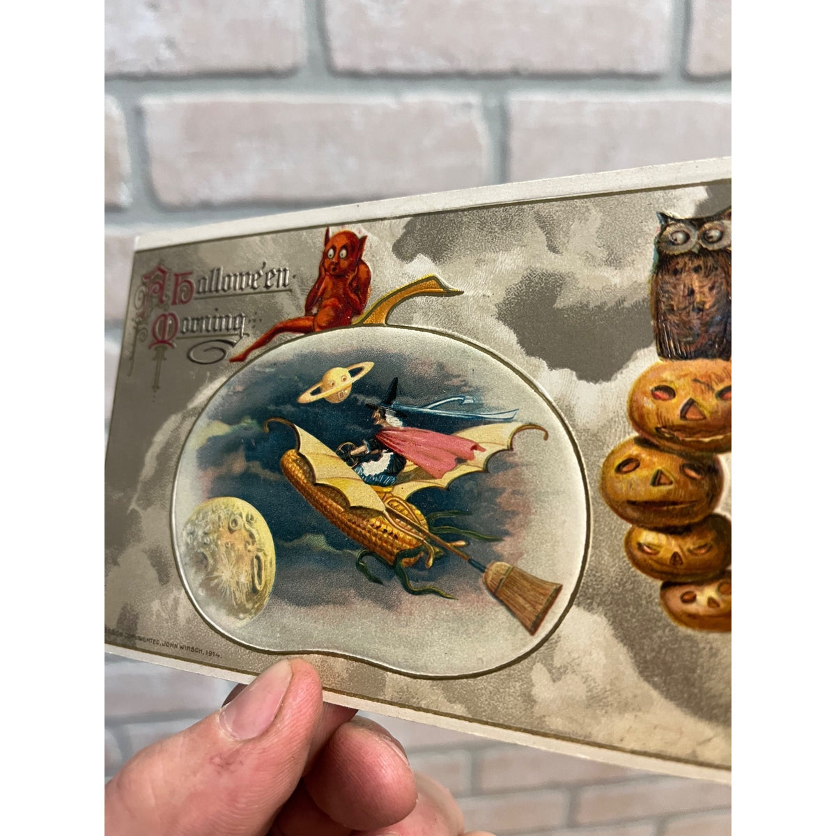 Vintage Halloween Postcard Winsch 1914 Witch on Corn Cob Devil Owl JOL