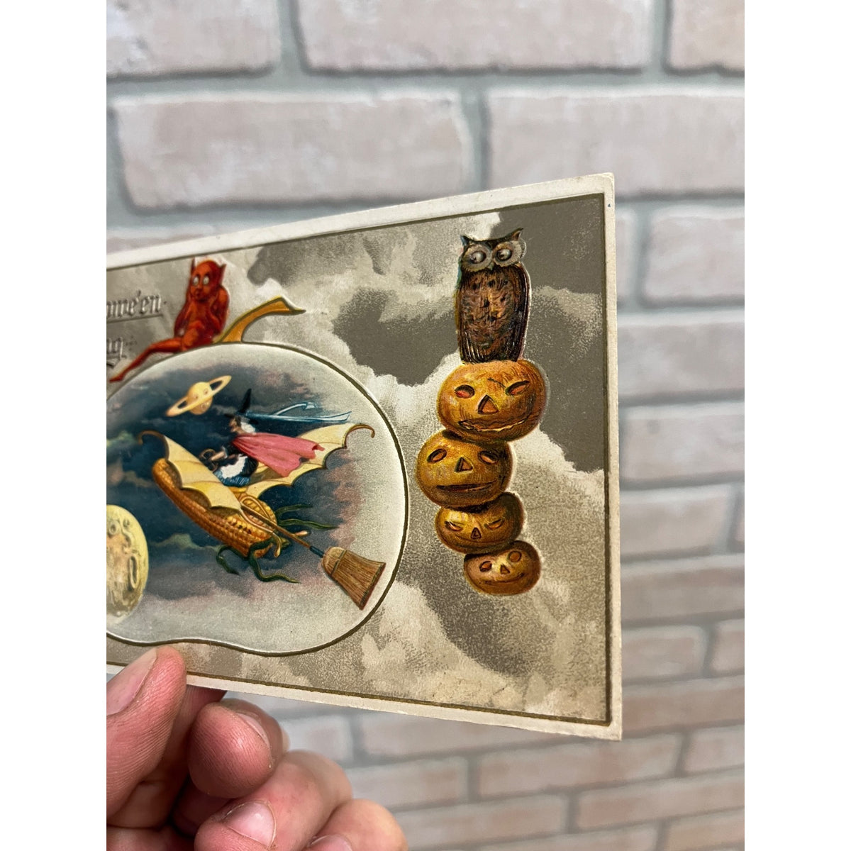 Vintage Halloween Postcard Winsch 1914 Witch on Corn Cob Devil Owl JOL