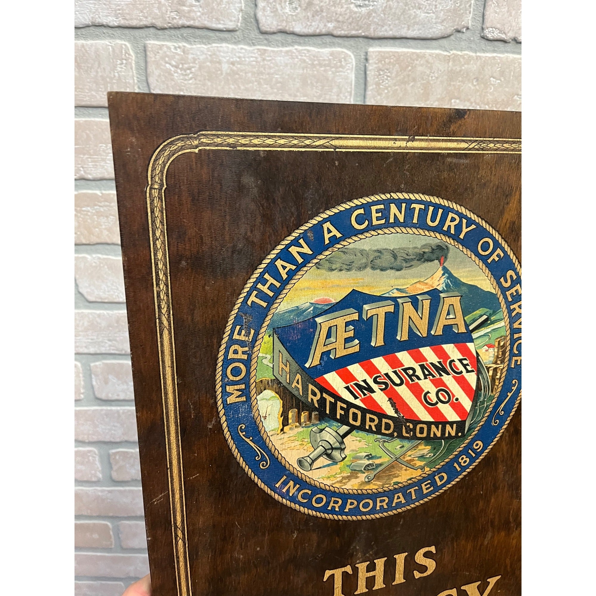 Vintage Early 1900s AETNA Insurance "Agency At Your Service" Wood Sign Patriotic