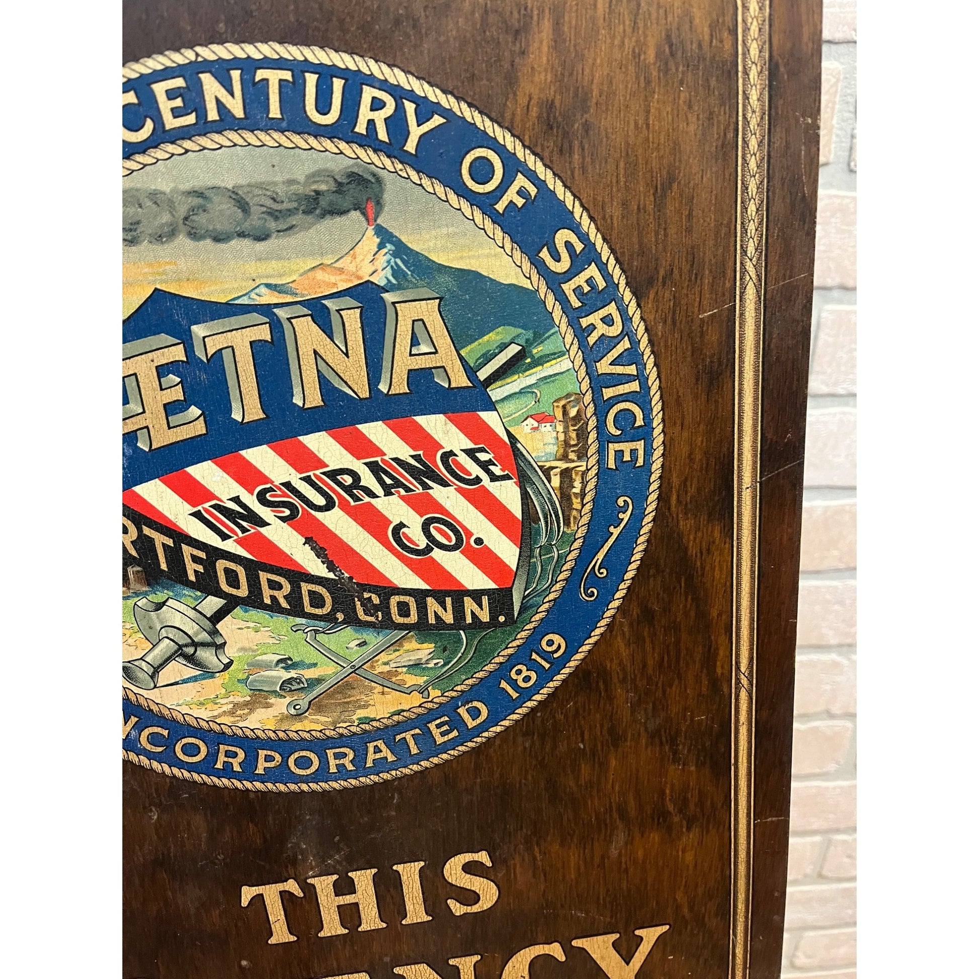 Vintage Early 1900s AETNA Insurance "Agency At Your Service" Wood Sign Patriotic