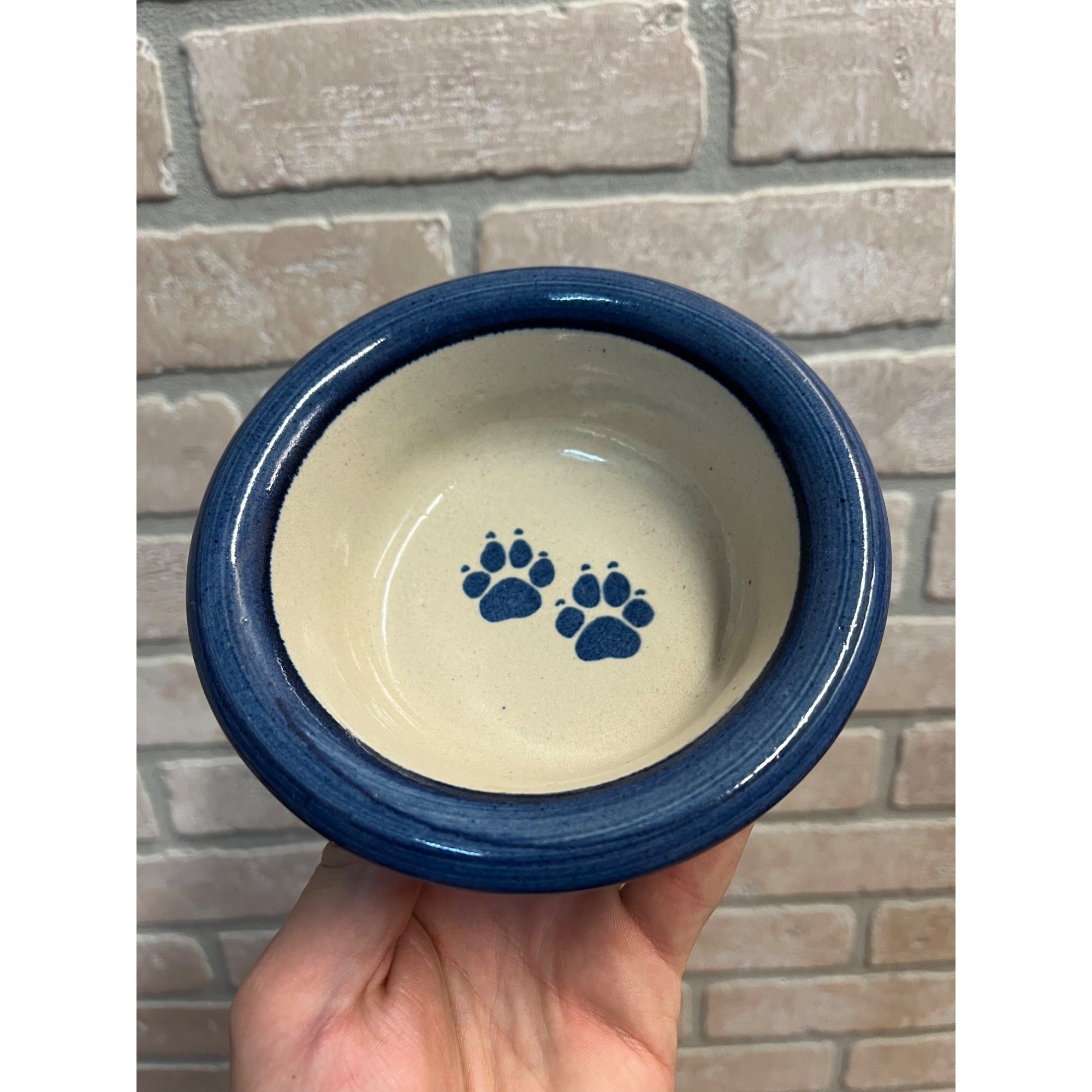 Brinker Pots 1994 Stoneware Dog Pet Bowl Gray Blue W/ Paw Prints