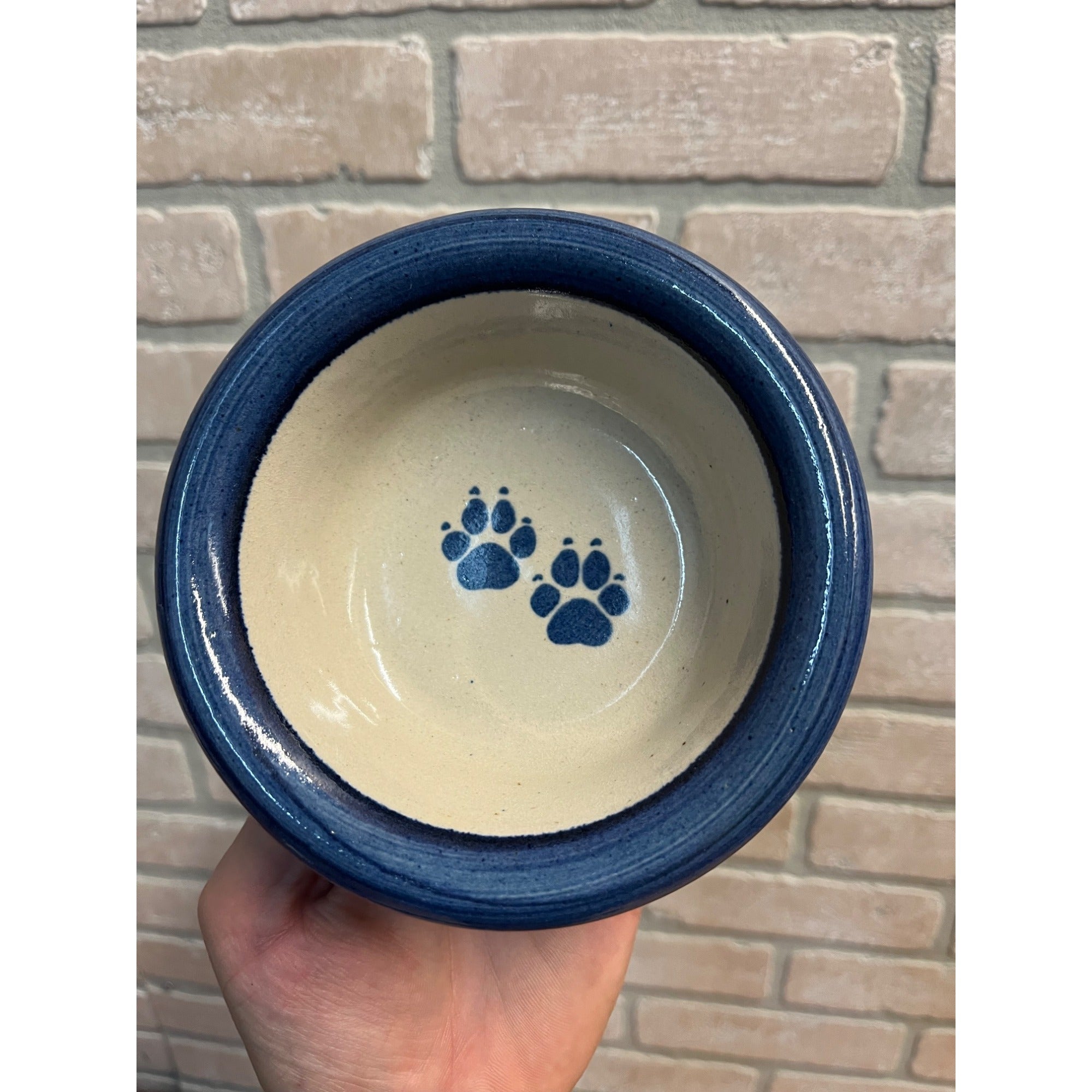 Brinker Pots 1994 Stoneware Dog Pet Bowl Gray Blue W/ Paw Prints