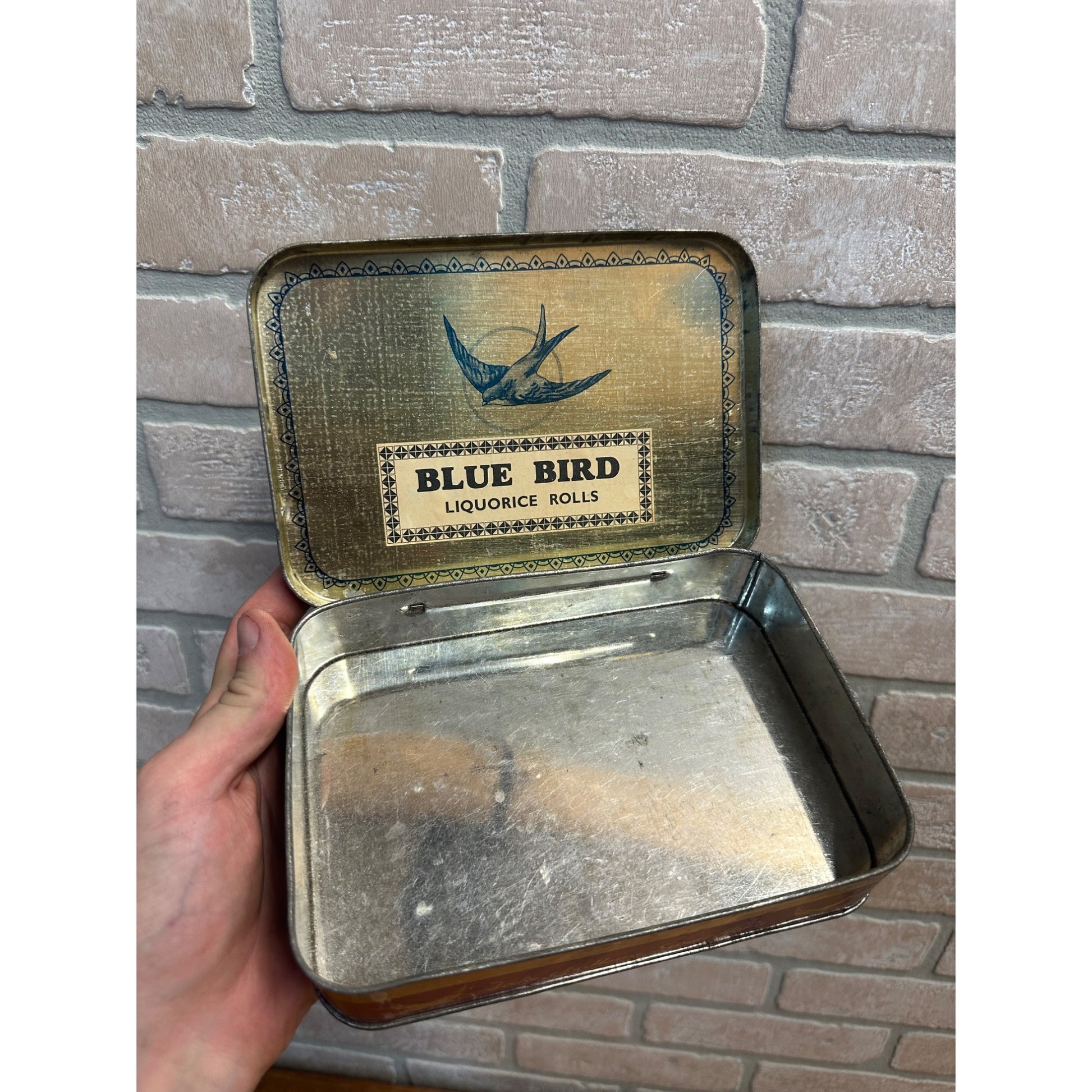 Vintage Blue Bird Toffee Liquorice Rolls 1950s Candy Tin Advertising England Country Scene