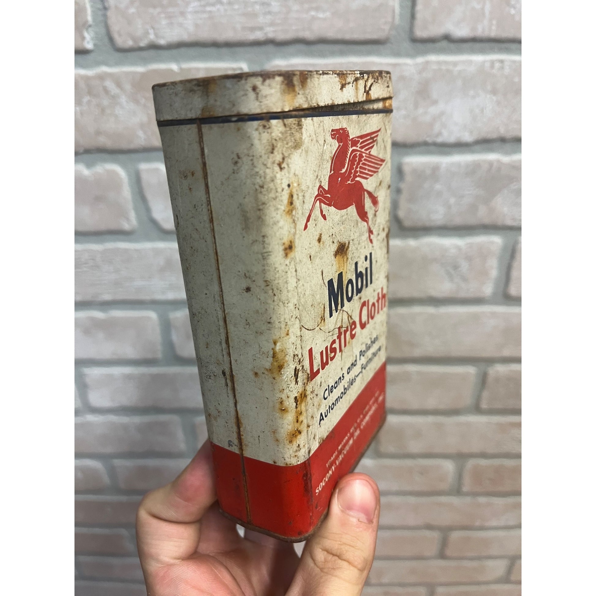 Vintage Mobil Oil Co Lustre Polishing Cloth Can w/ Contents - Gas Oil Garage