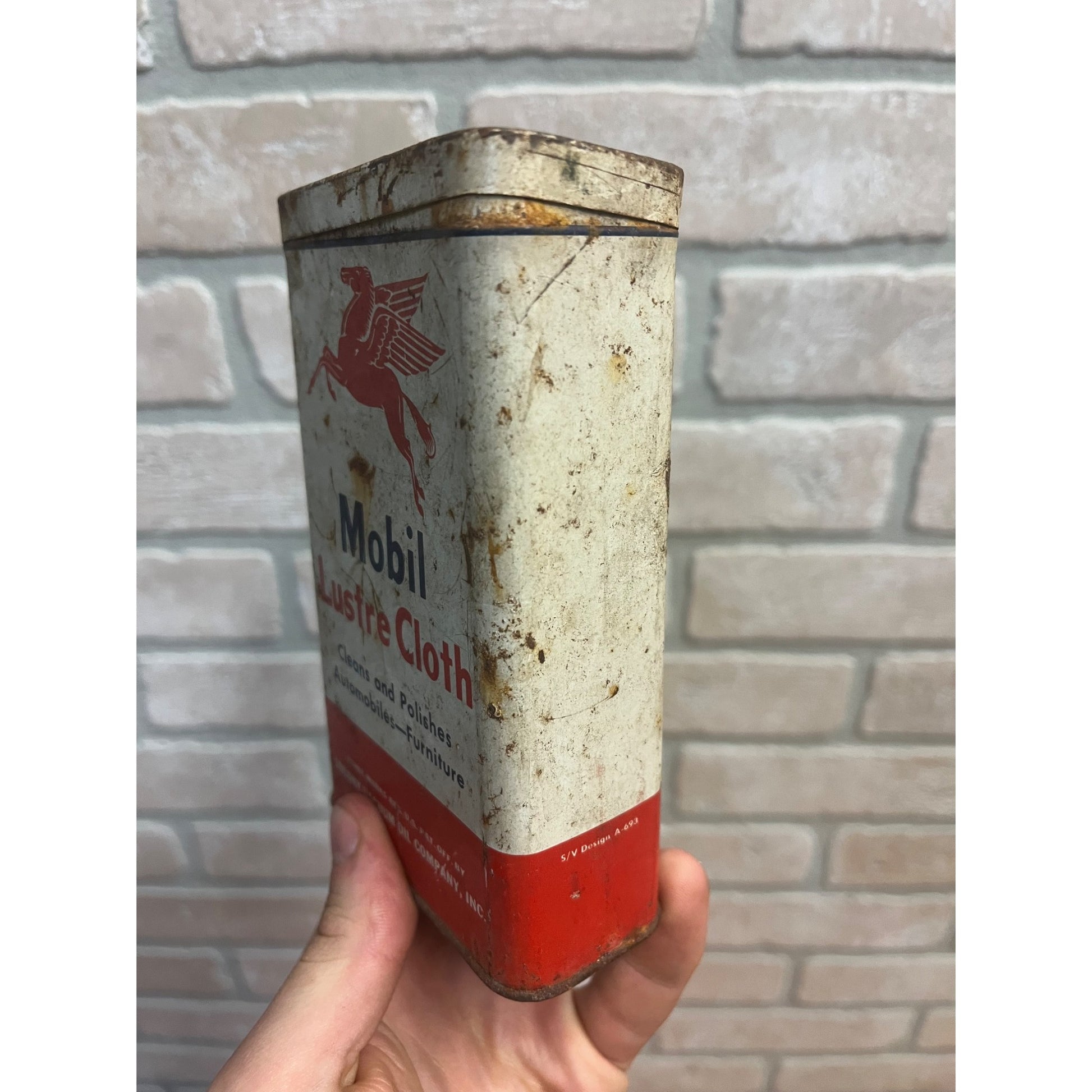 Vintage Mobil Oil Co Lustre Polishing Cloth Can w/ Contents - Gas Oil Garage