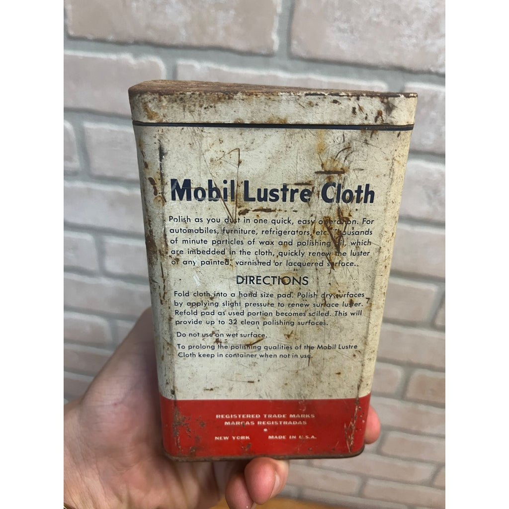 Vintage Mobil Oil Co Lustre Polishing Cloth Can w/ Contents - Gas Oil Garage