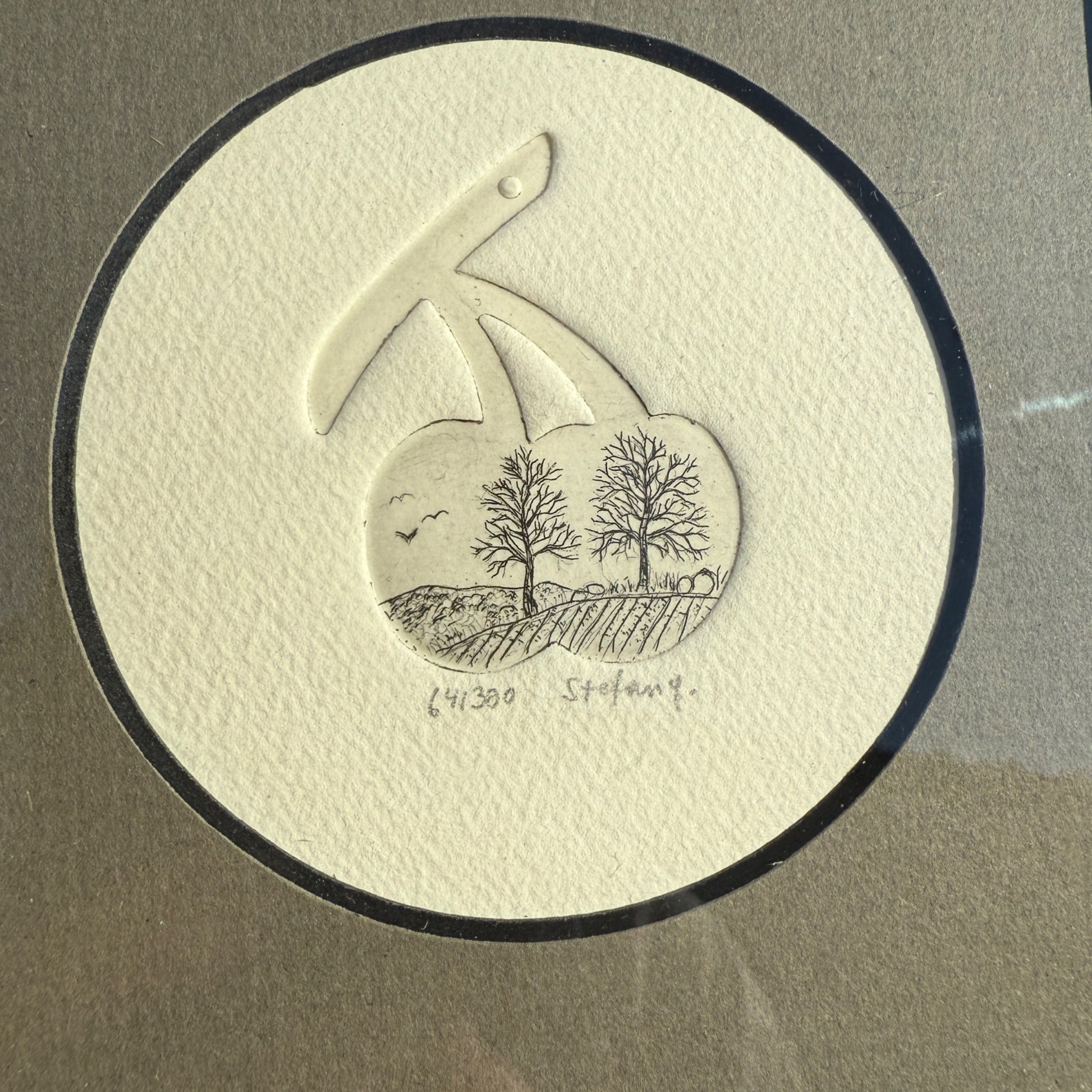 Vintage MCM Mid-Century Signed Framed Art Etching Cherry & Trees