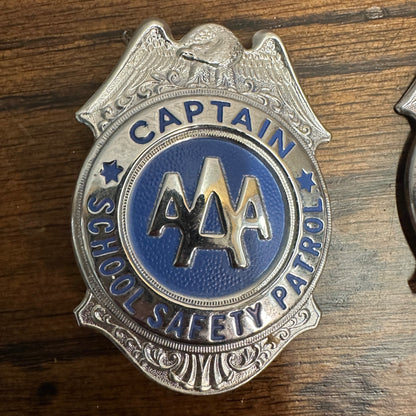 VINTAGE 1950S AAA SCHOOL SAFETY PATROL BADGES - CAPTAIN & LIEUTENANT PATROLMAN