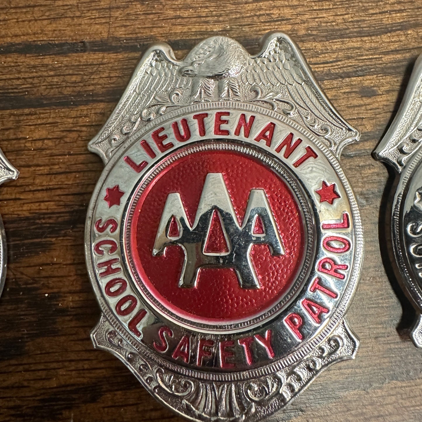 VINTAGE 1950S AAA SCHOOL SAFETY PATROL BADGES - CAPTAIN & LIEUTENANT PATROLMAN