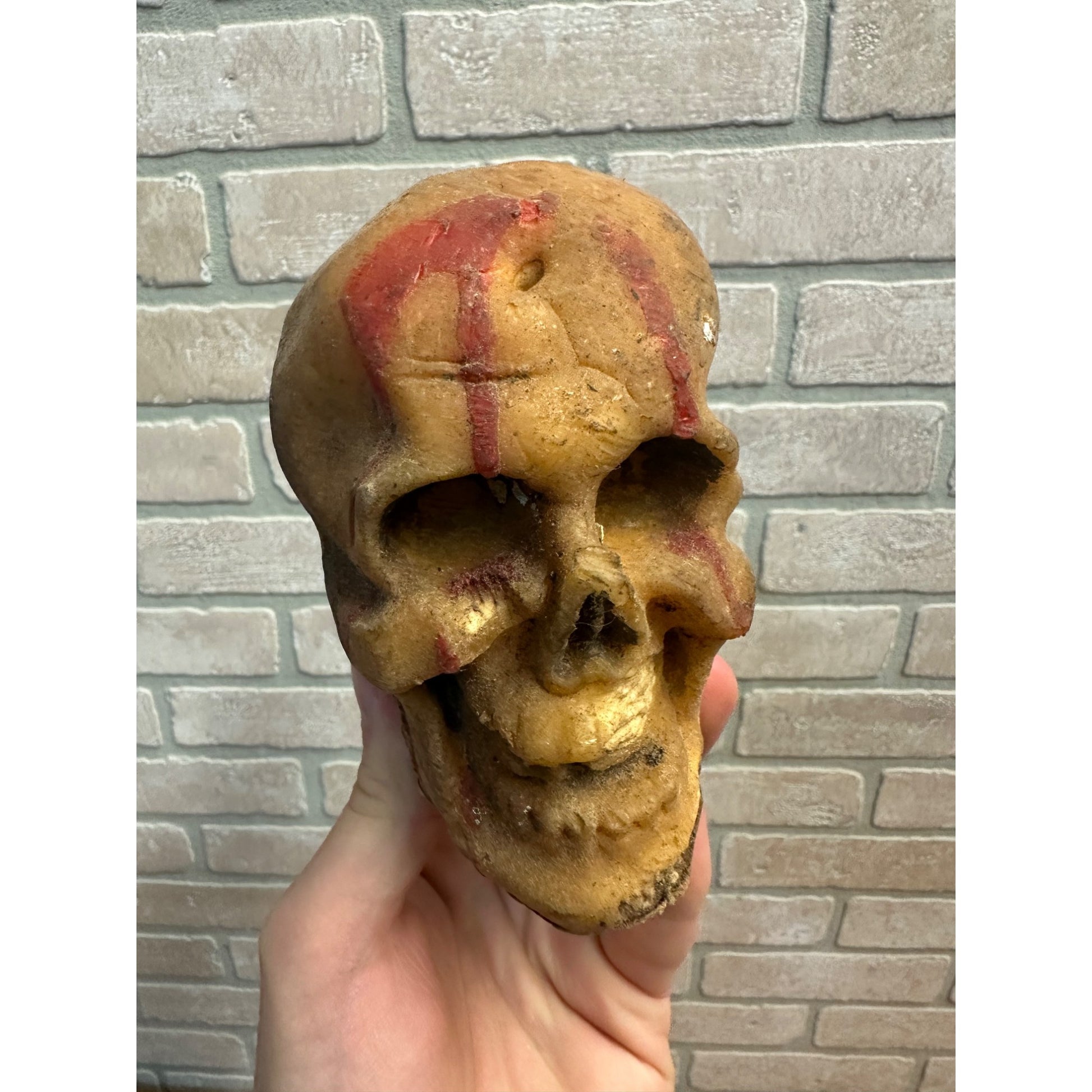 Vintage 1950s Gurley Bleeding Human Skull Wax Figural Candle Halloween Decor 4&quot; Tall