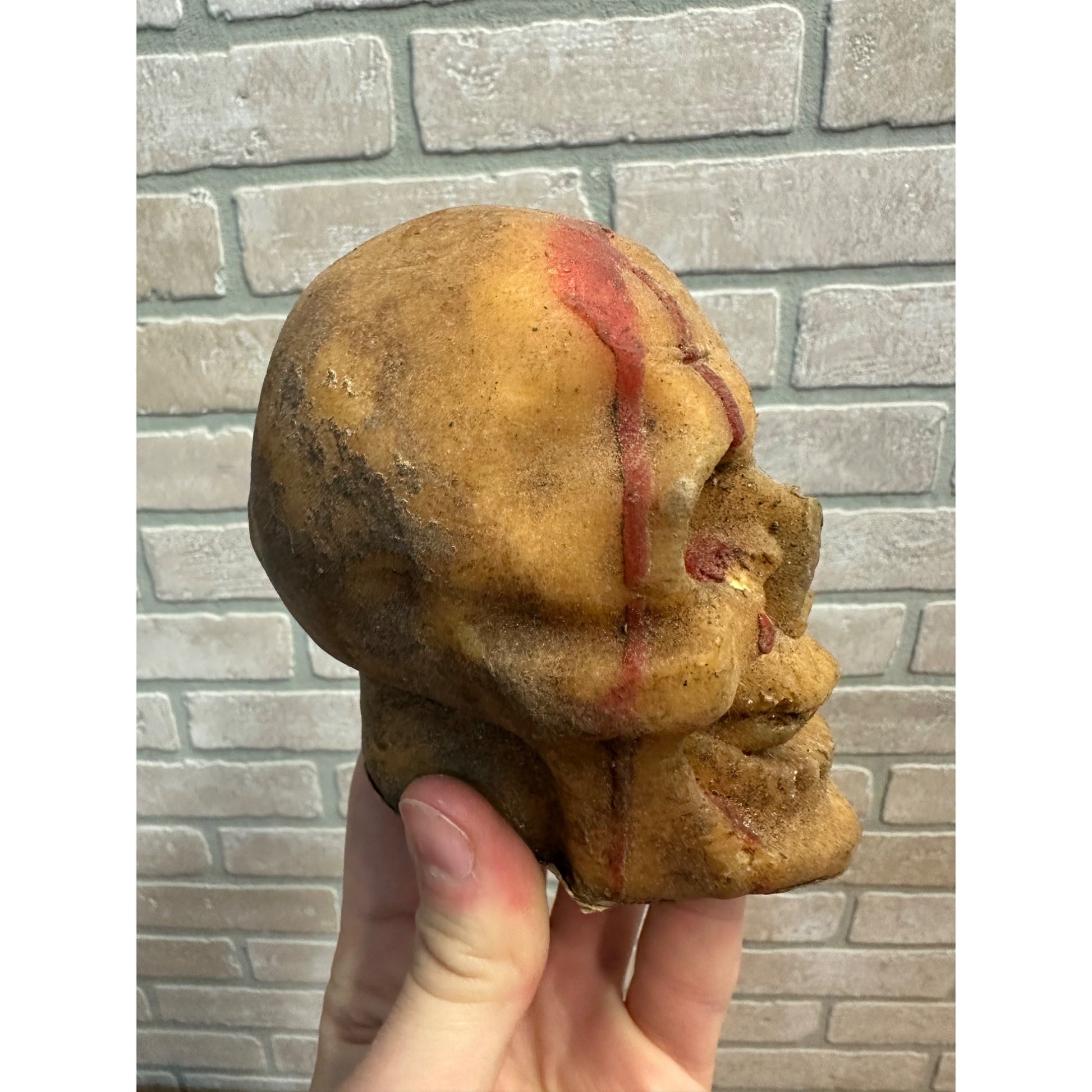 Vintage 1950s Gurley Bleeding Human Skull Wax Figural Candle Halloween Decor 4&quot; Tall