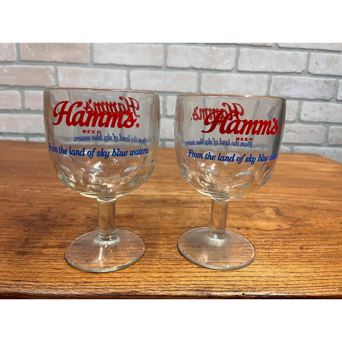 Vintage Pair Hamm’s Beer Goblet Thumbprint Heavy Stemmed Schooner Glass 6" Barware